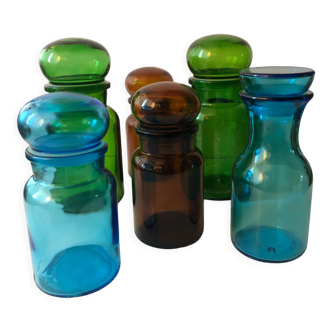 6 vintage colorful jars
