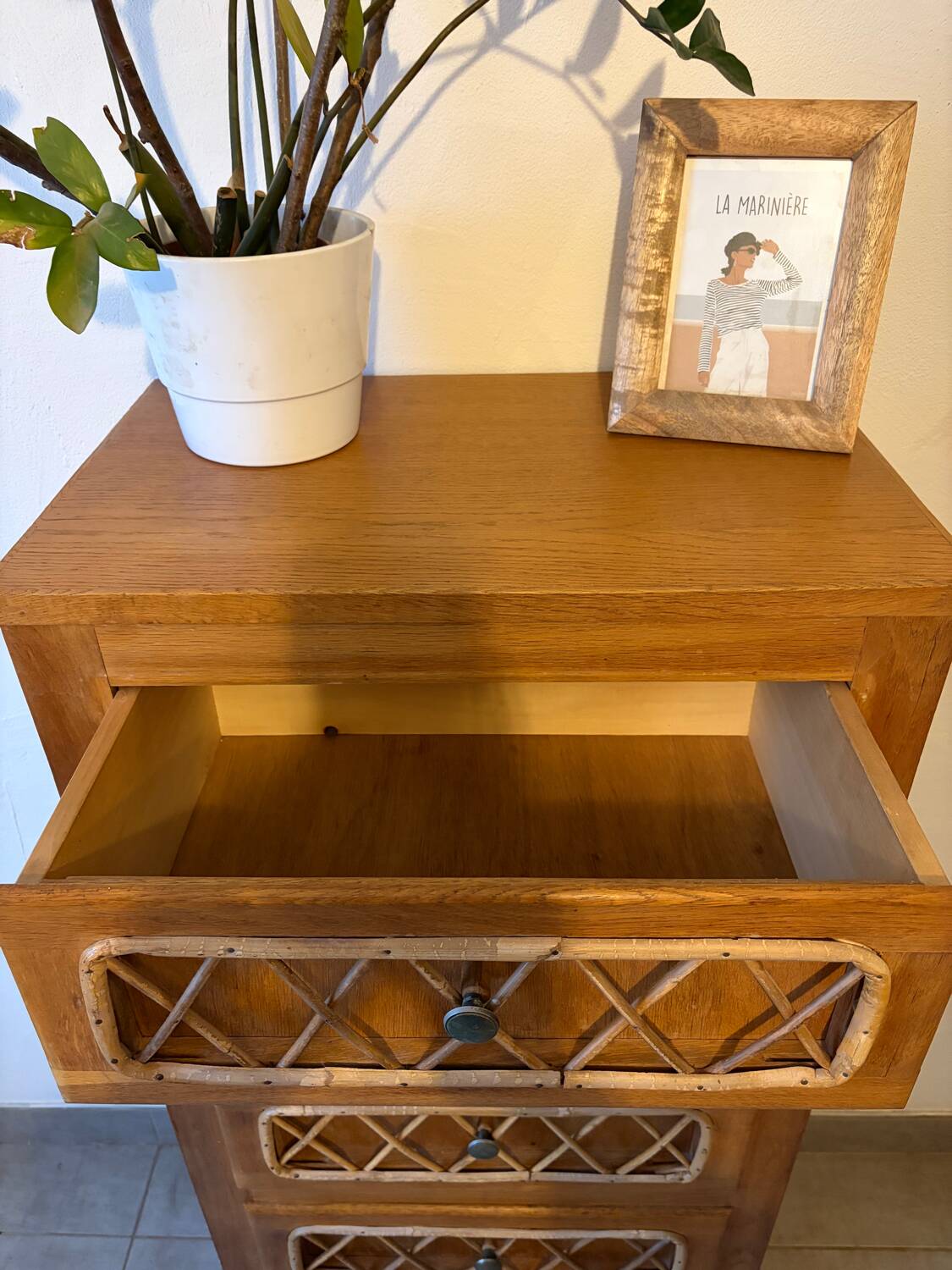 Vintage oak and rattan chest of drawers