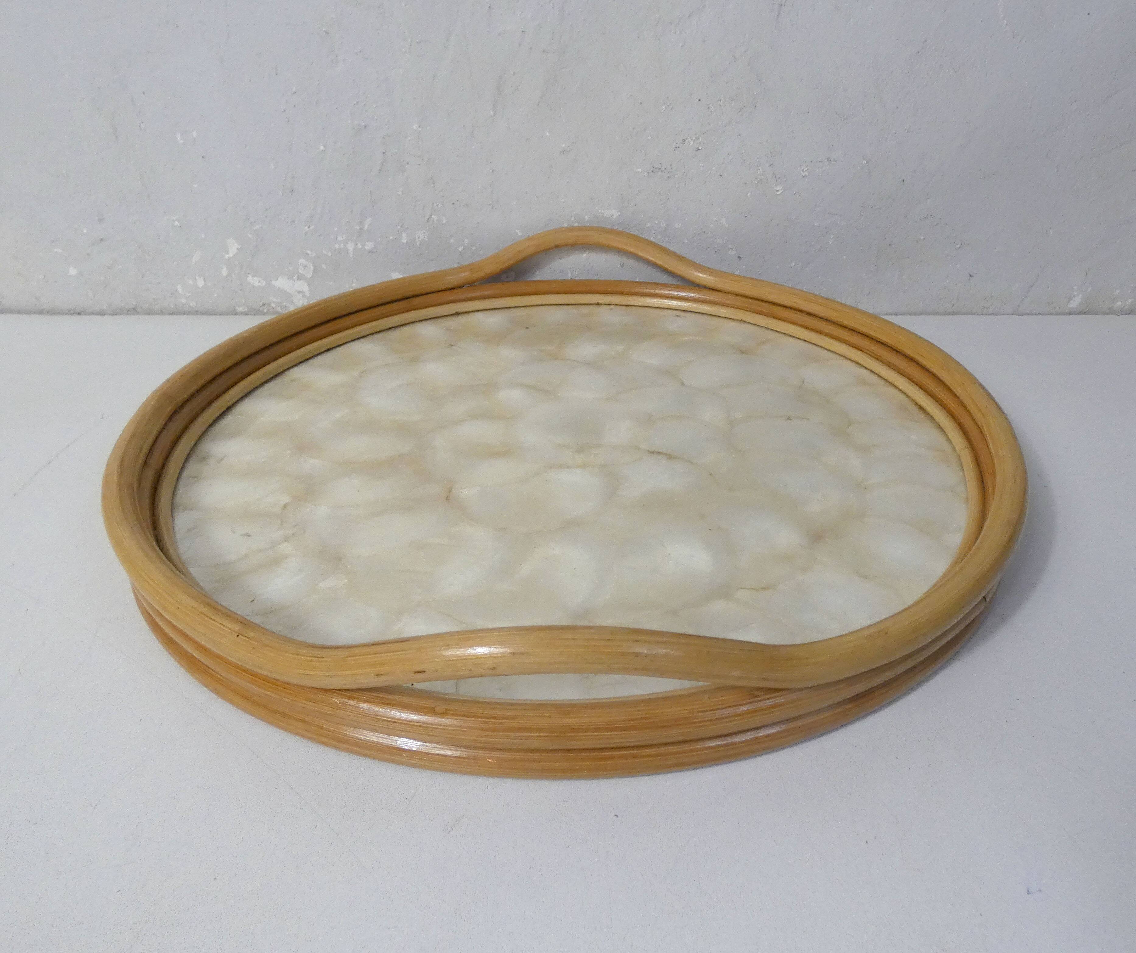 round rattan and mother-of-pearl tray