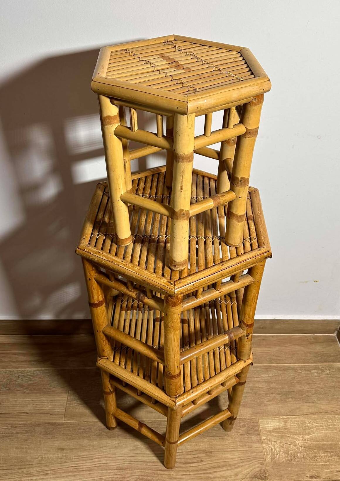 Vintage Boho Mid Century Bamboo Hexagonal Side Coffee Tables Flower Stools