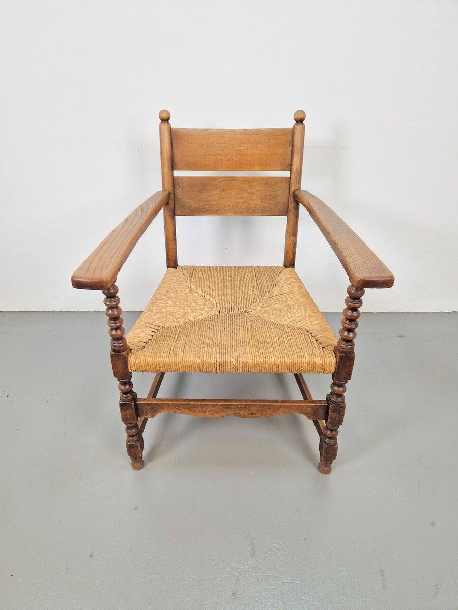 Vintage Dutch Bobbin Armchair in Oak and Rush, 1930s