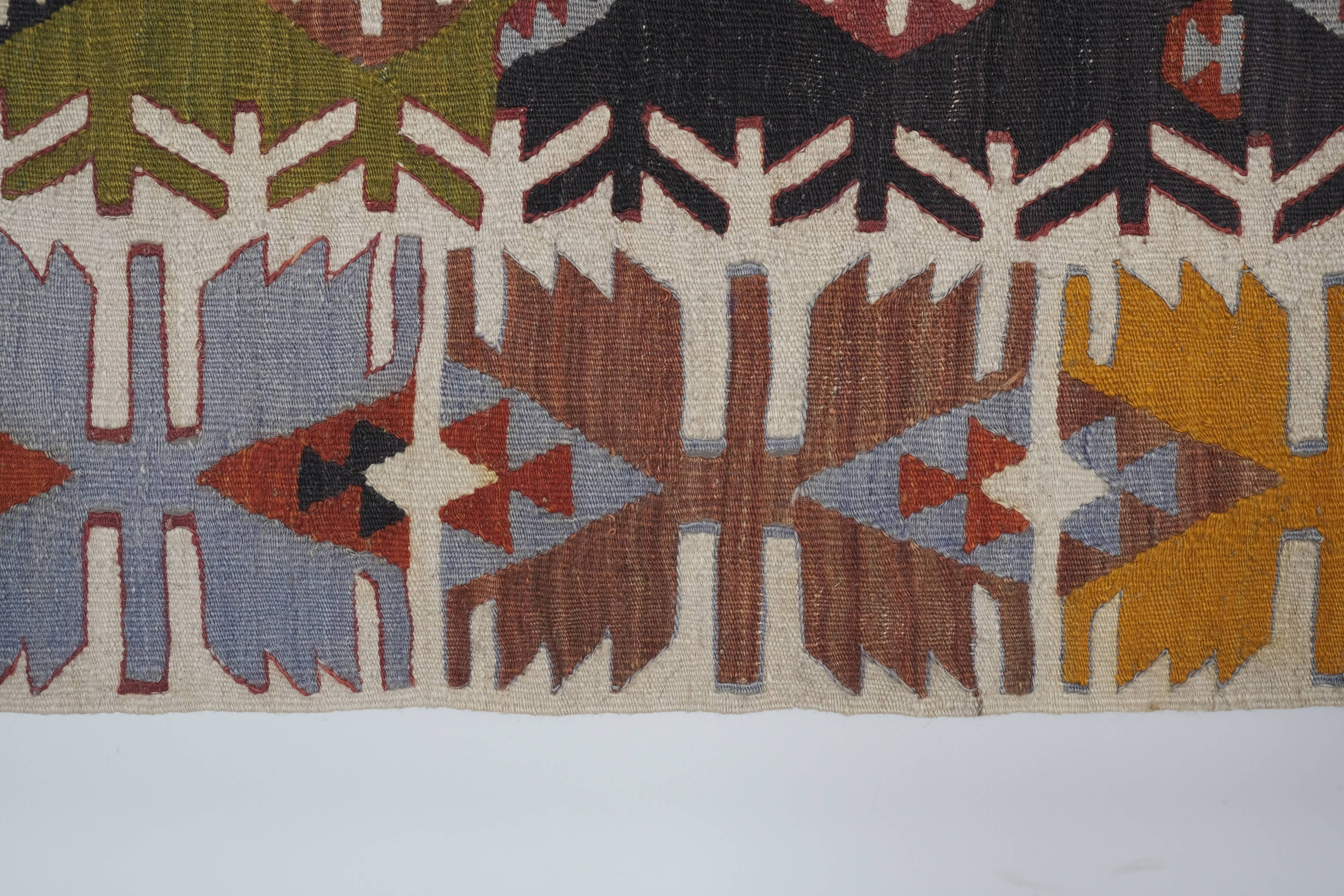 Ancient Turkish Anatolian Tribal Kilim, Geometric Organic Wool Kilim Rug