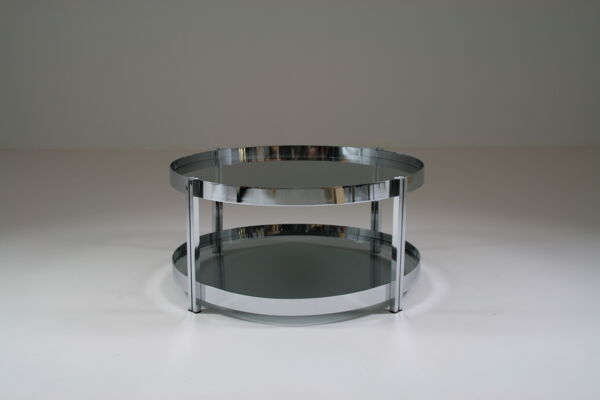 Table basse ronde en métal chromé et plateaux en verre fumé, France 1970s