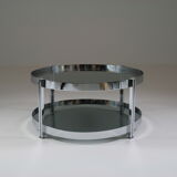 Round chrome-plated metal coffee table and smoked glass tops, France 1970s