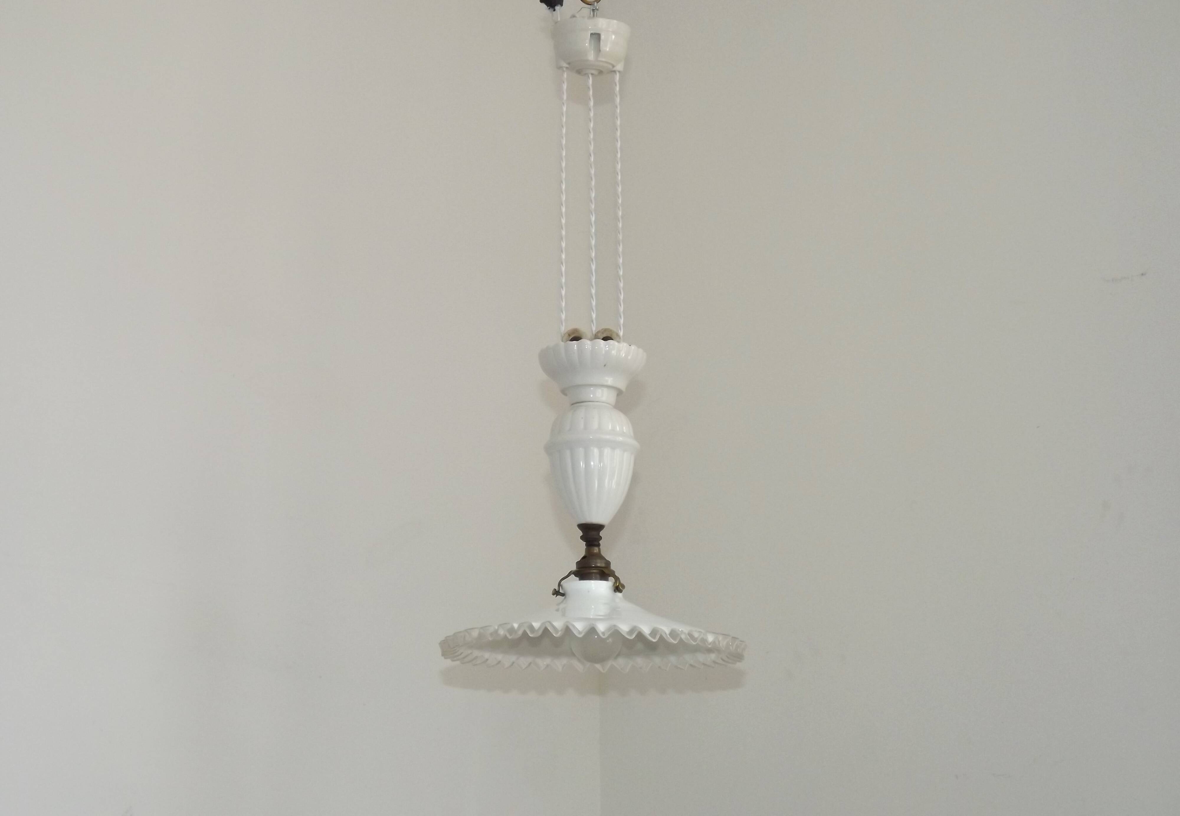French Counter Balance Ceiling Light White Porcelain & Opaline Glass Shade