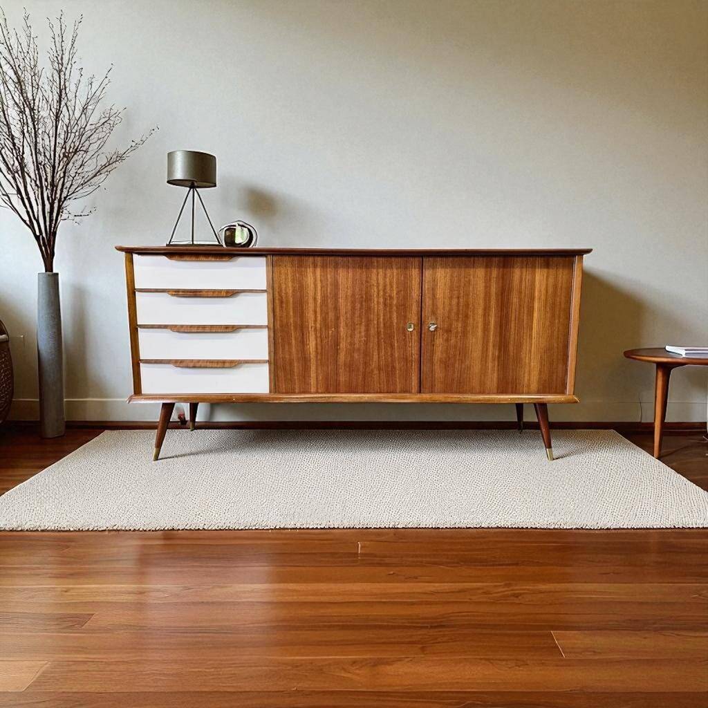 Vintage wooden sideboard with white formica drawers