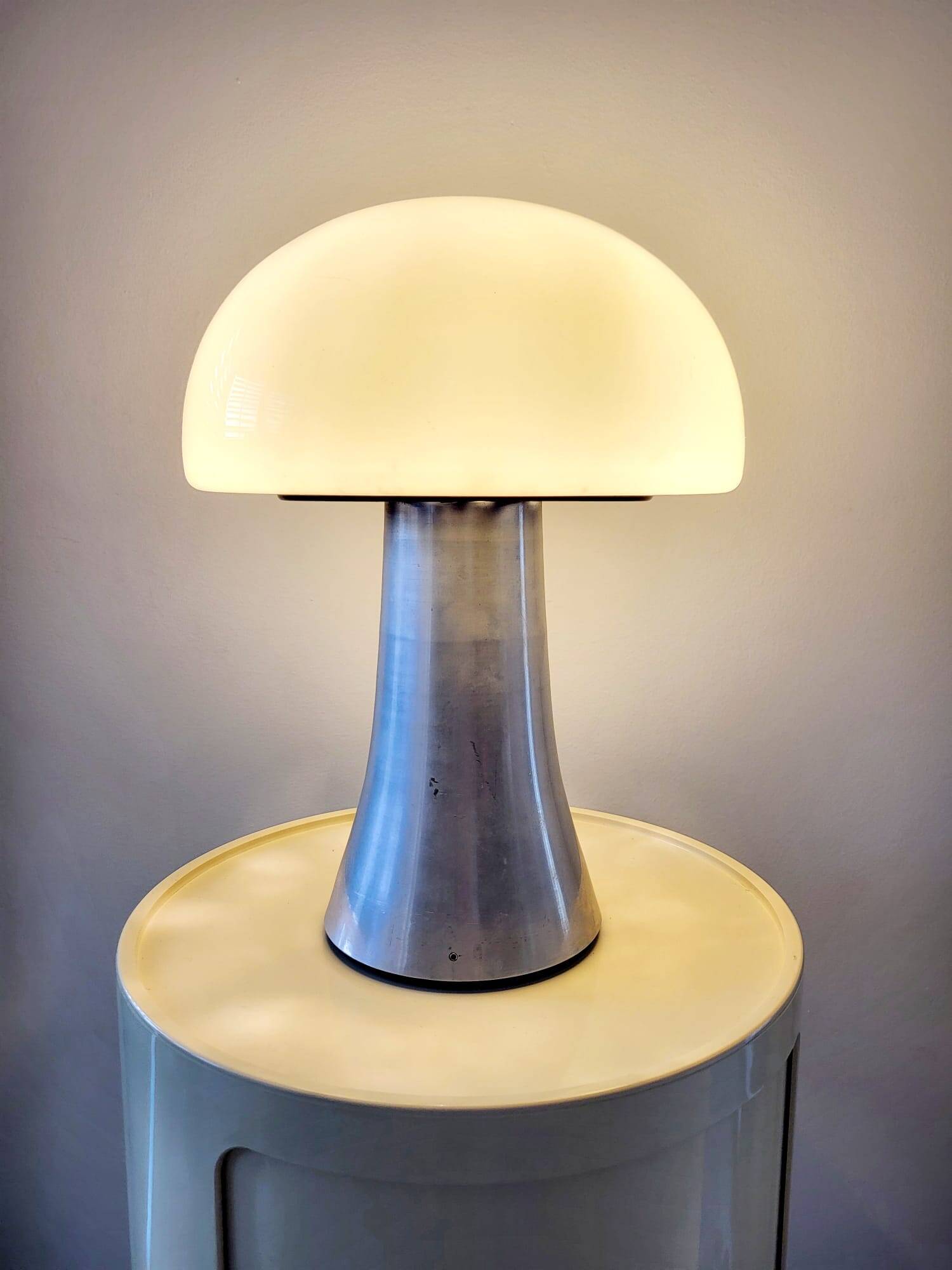 Lampe Mushroom XL, lampe de table lourde en acier inoxydable, années 80