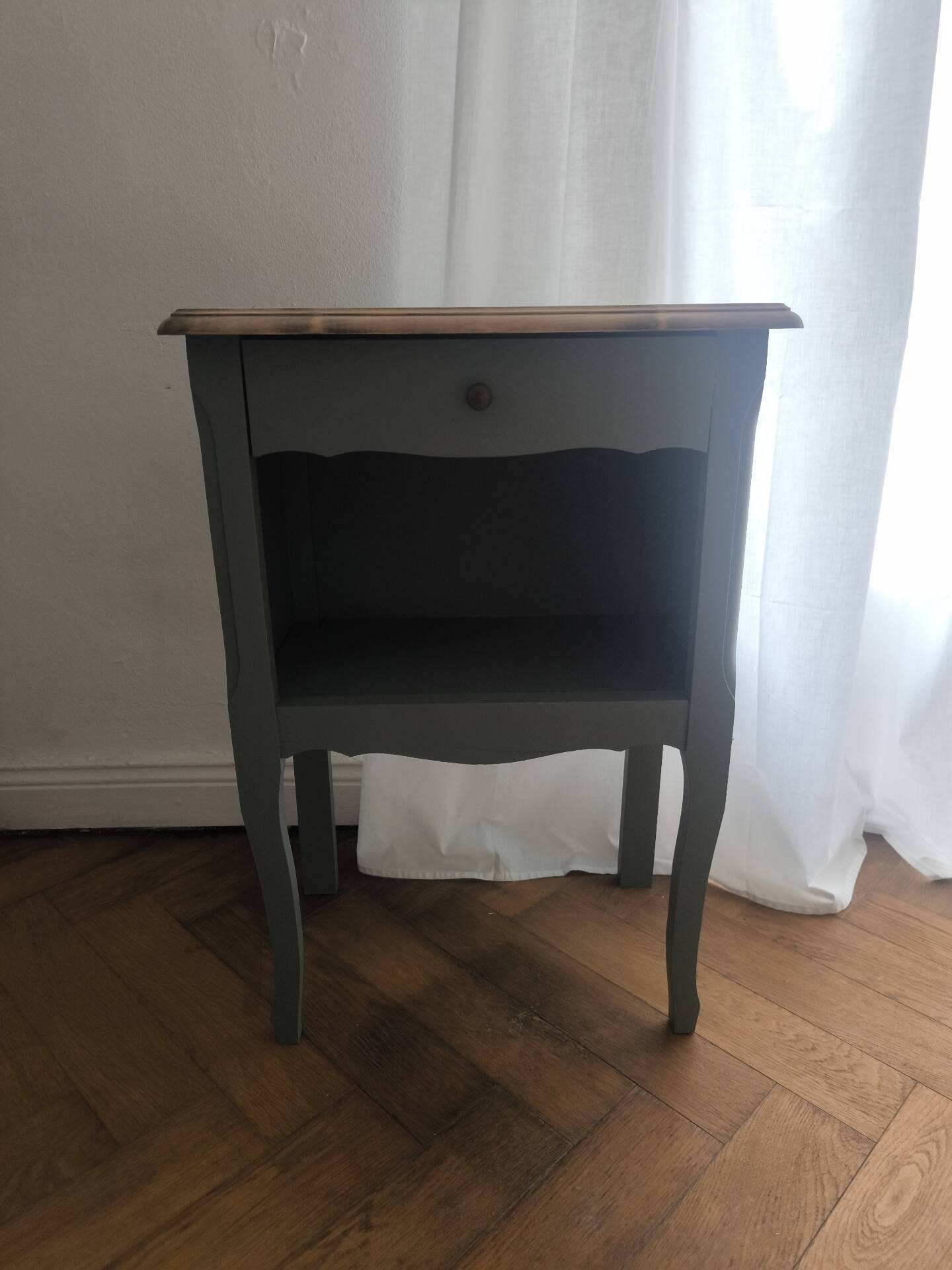 Louis XV bedside table revamped in solid oak and sage green/grey green.