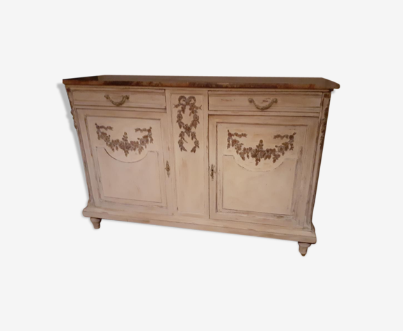 Sideboard 2 doors and 2 drawers with floral decorations, white patinated furniture