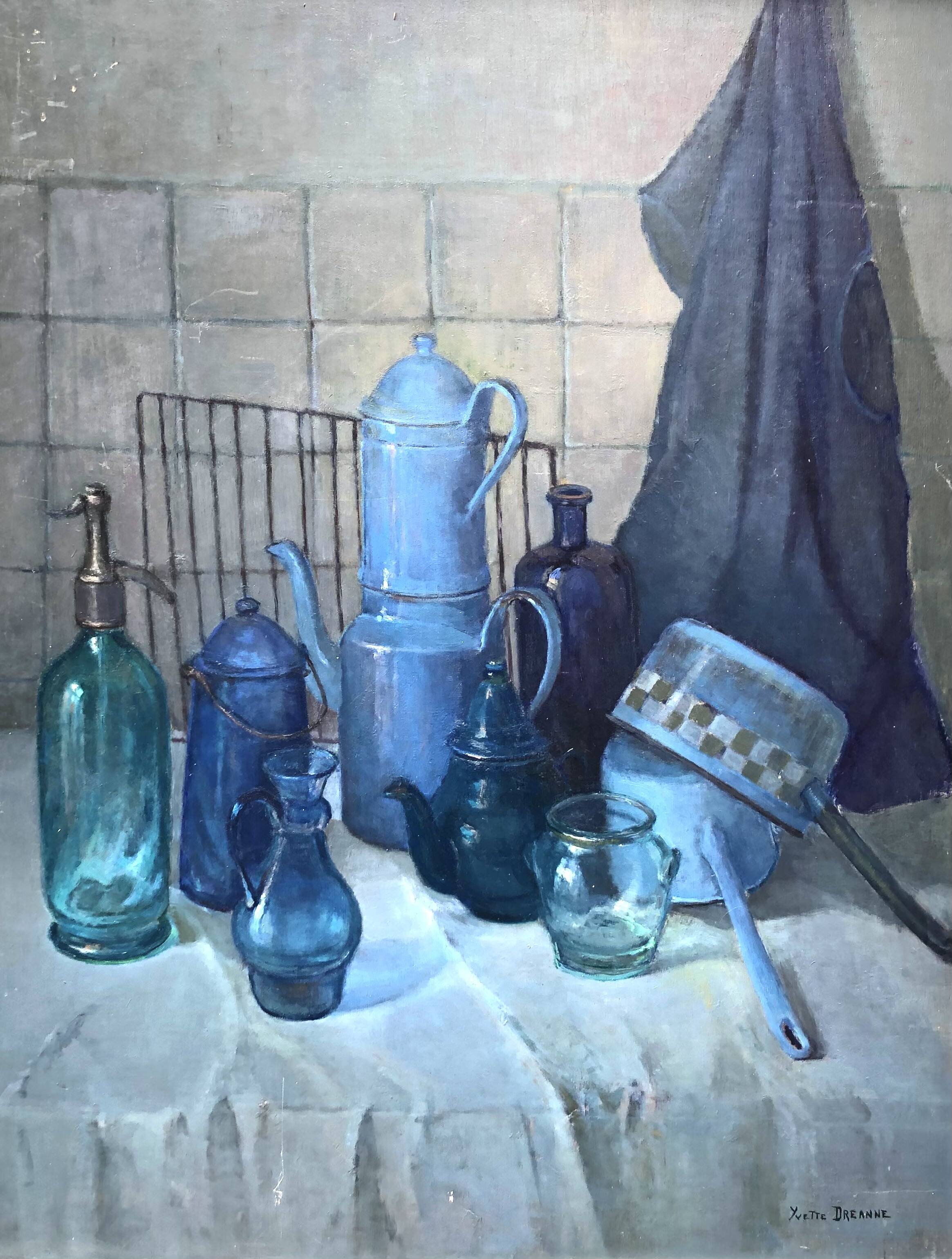 still life with bottles and pans