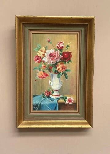 Oil on Canvas – “Still Life with Vase” by R.P. Vintage & Framed 28×40cm