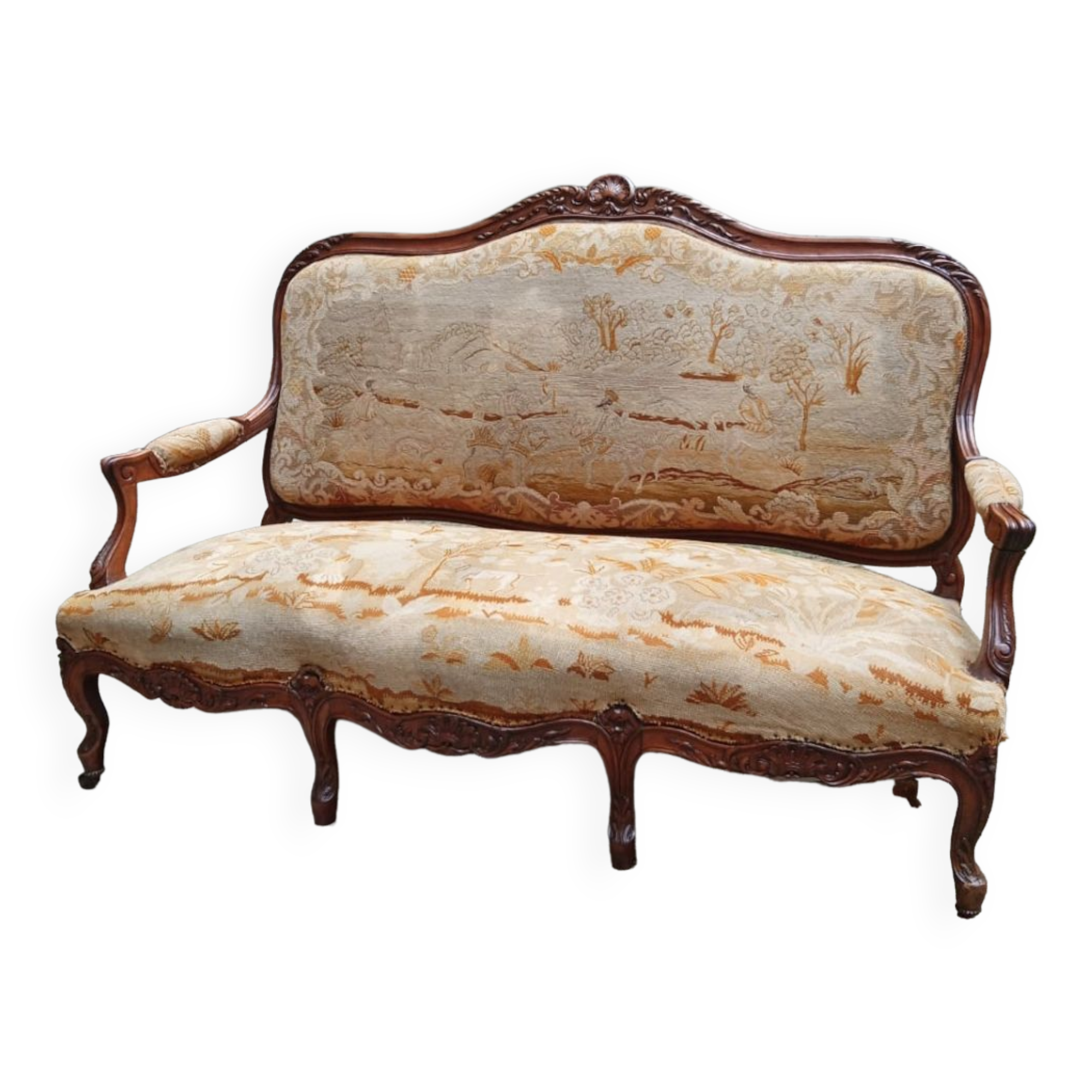 Louis XV style sofa late 19th century in walnut wood and Arras tapestry