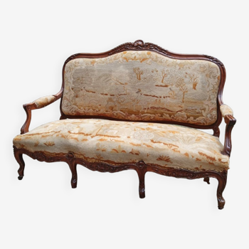 Canapé style Louis XV fin 19eme siècle en noyer bois et tapisserie d'Arras