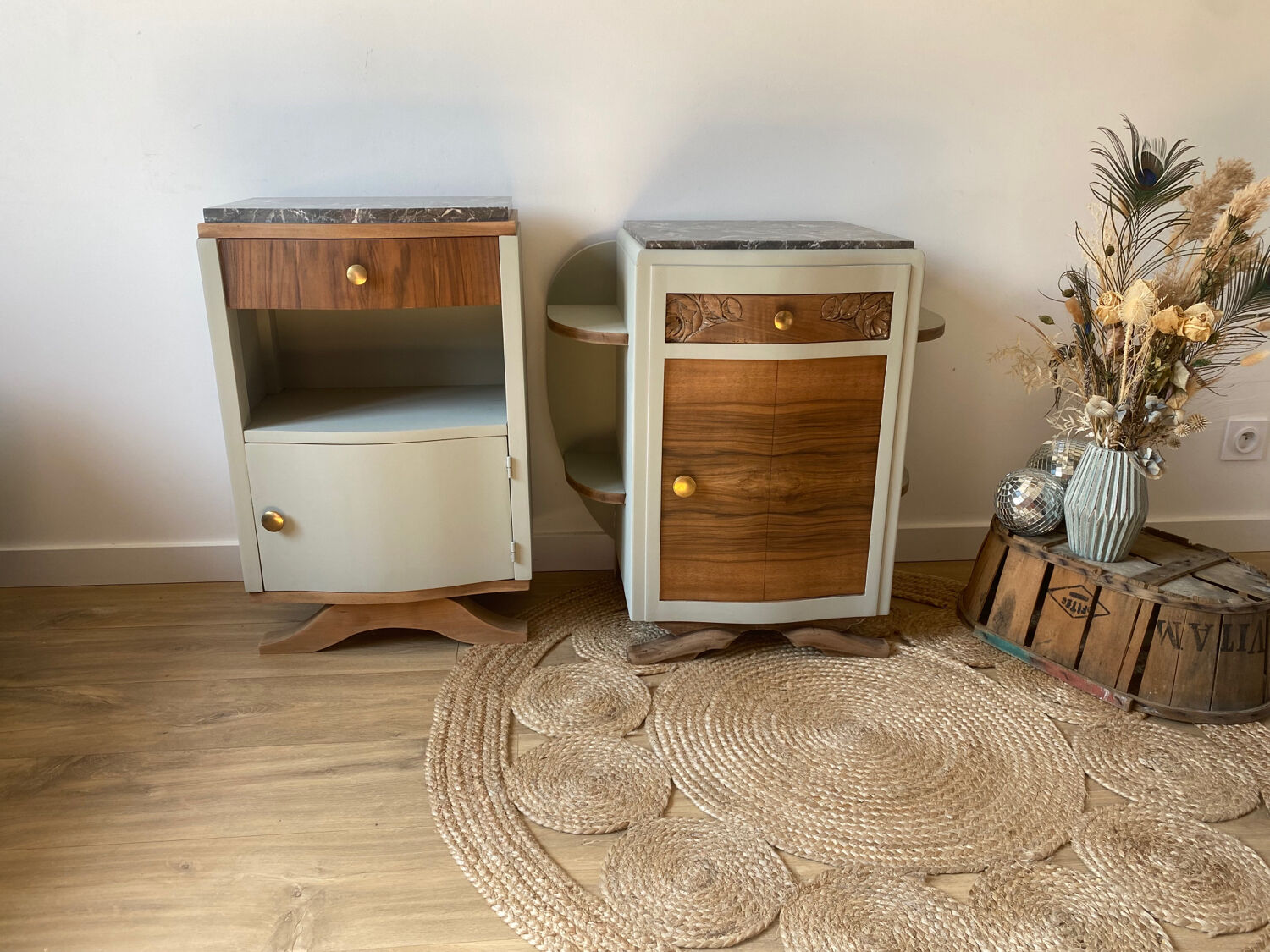 Pair of mismatched art deco bedside tables in green and wood
