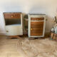 Pair of mismatched art deco bedside tables in green and wood