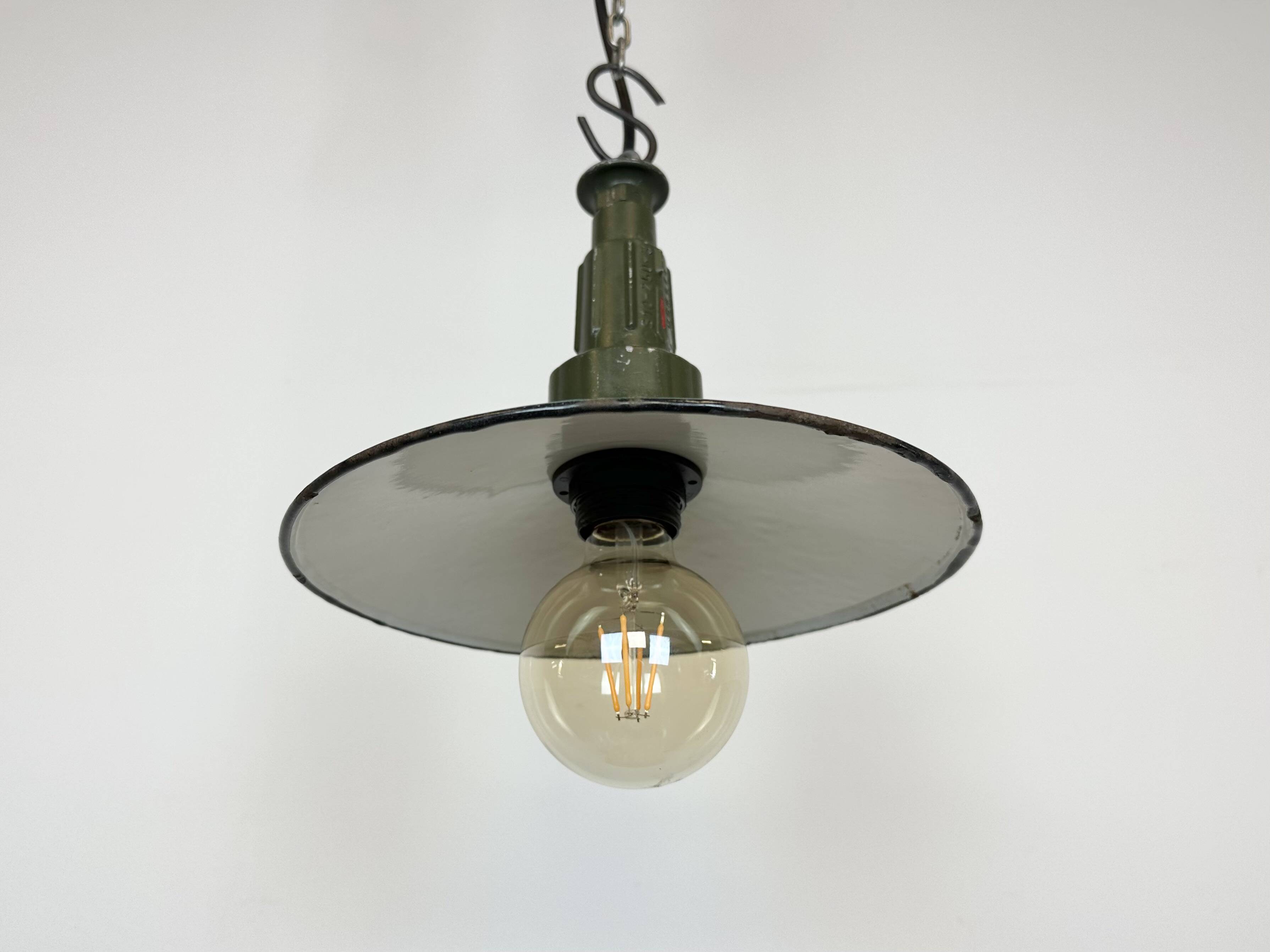 Industrial Petrol Enamel Military Pendant Lamp with Cast Aluminium Top, 1960s