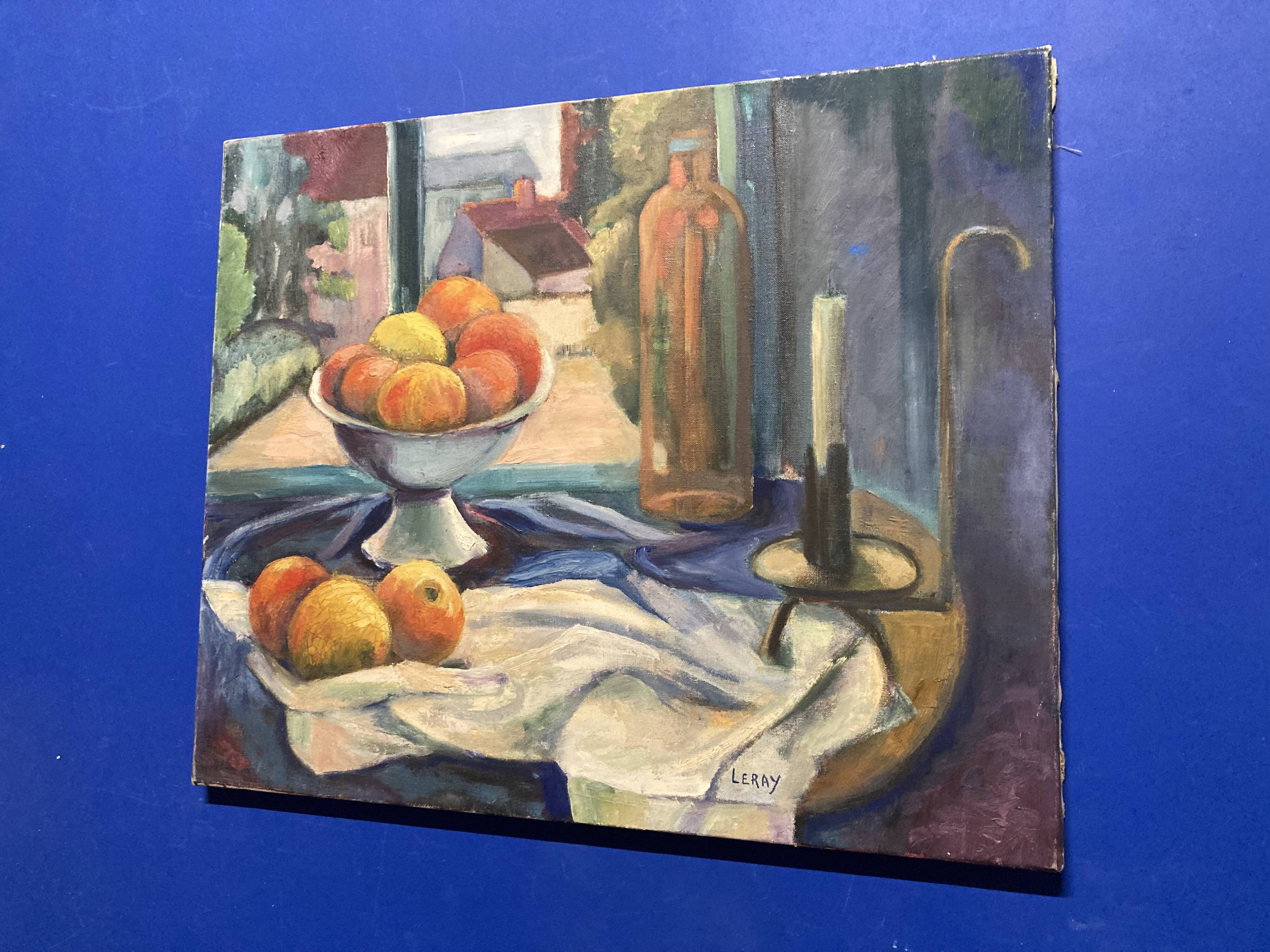 Leray, "In Front of the Window", fauvist still life, oil on canvas