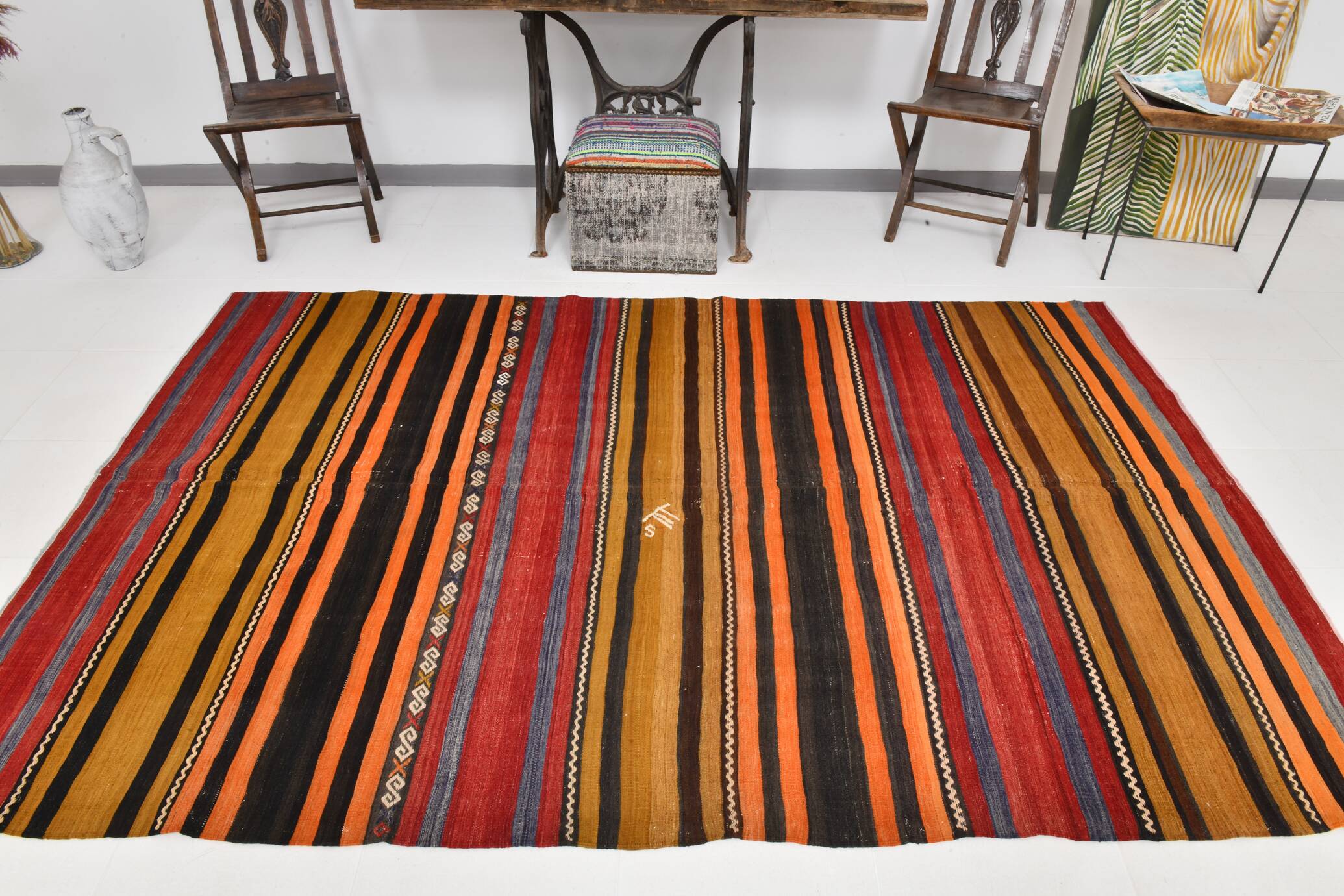 6x9 Green Orange Striped Turkish Vintage Kilim Rug 174x272Cm SK 2311