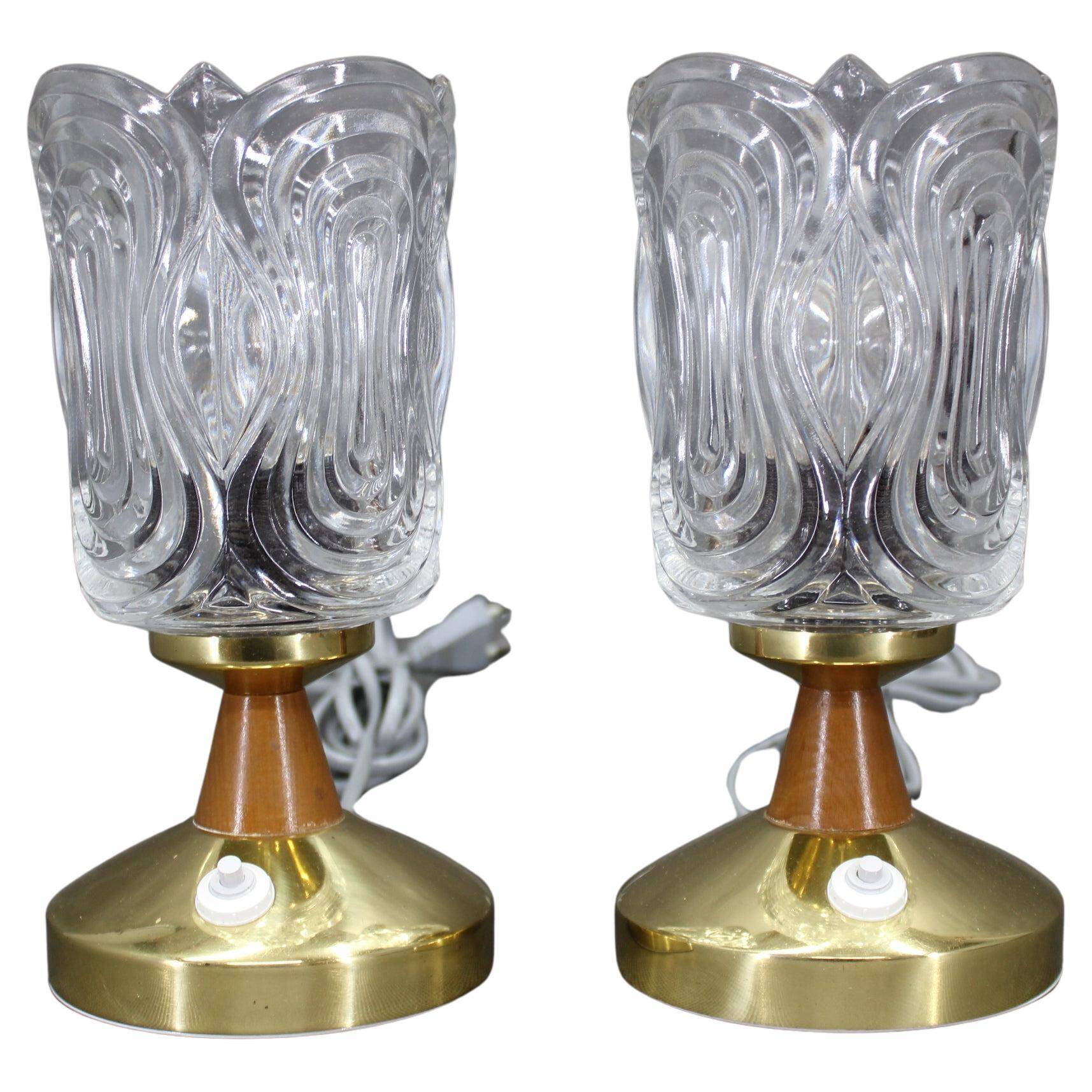 Pair of 1970s Lidokov mid-century table lamps with sculpted pressed glass shades