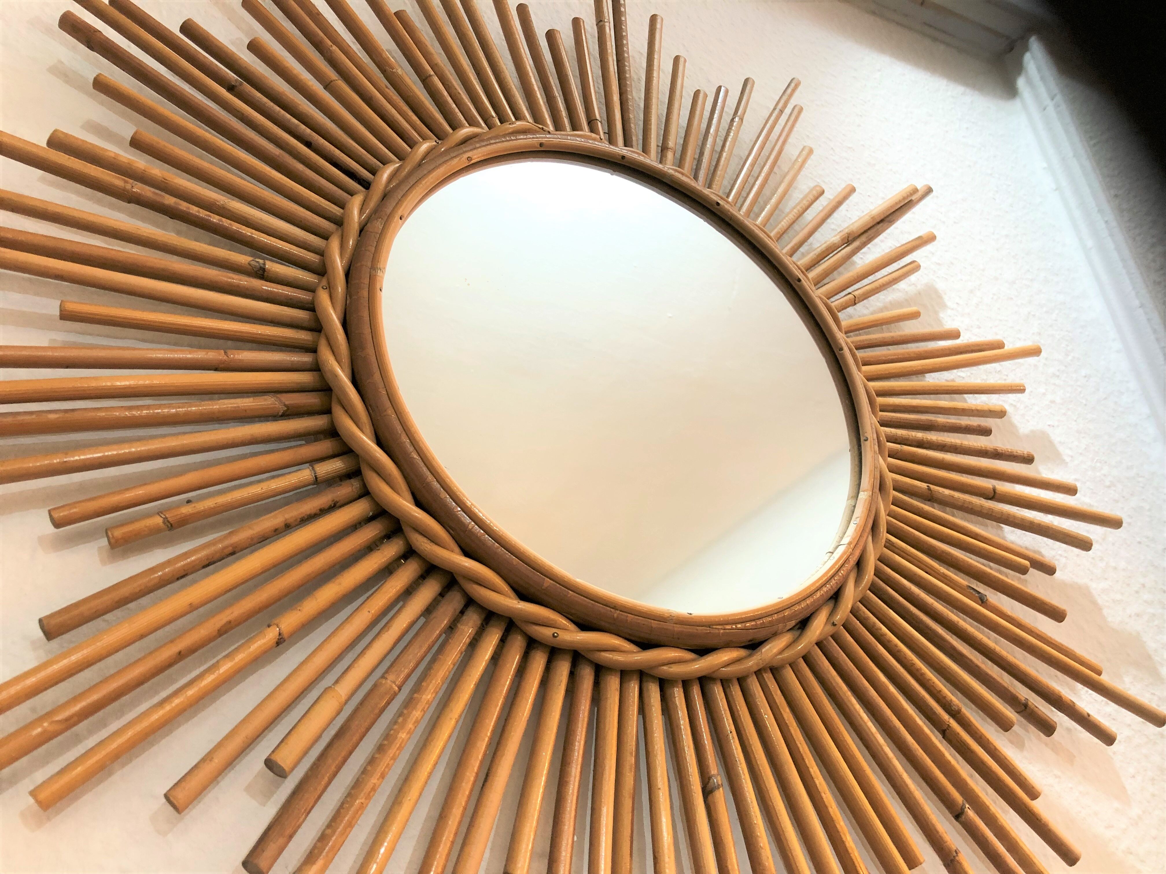 Old mirror soleil vintage in braided rattan 60