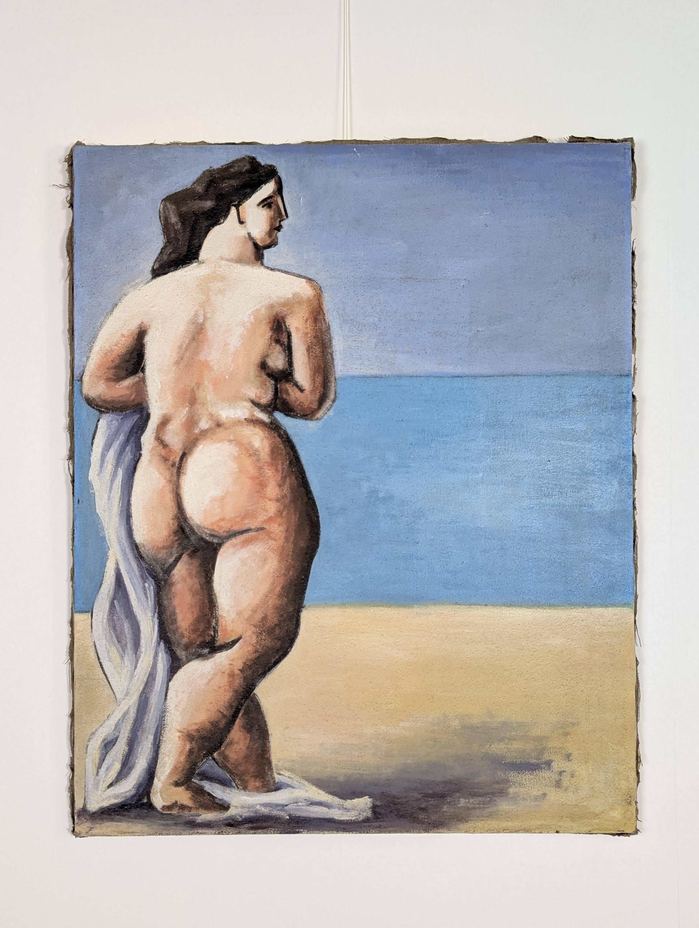 Large format modern art oil painting, female figure on the beach, 20th century