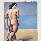 Large format modern art oil painting, female figure on the beach, 20th century