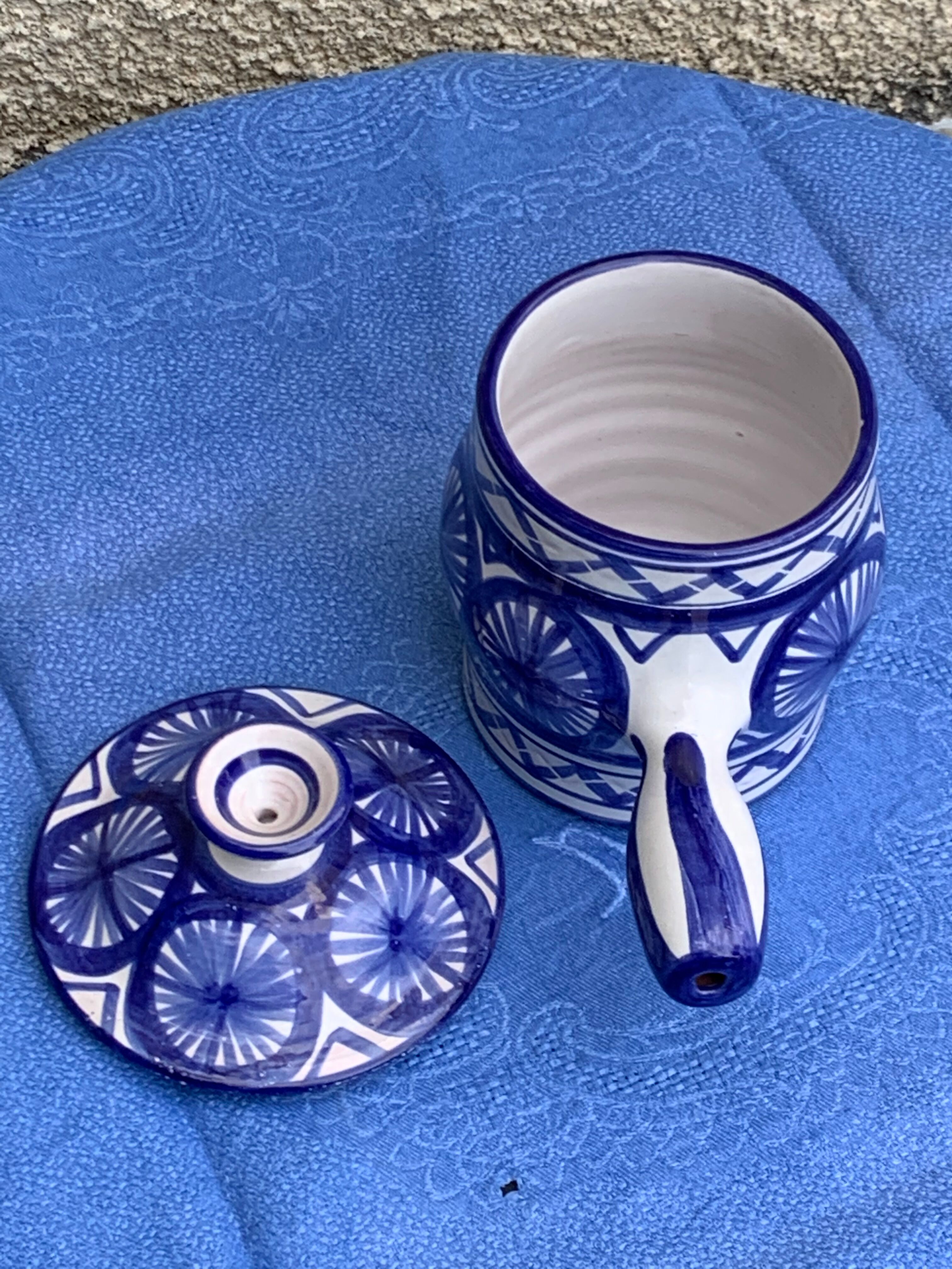 Table trash pot in blue enameled ceramic Robert Picault vintage and collector