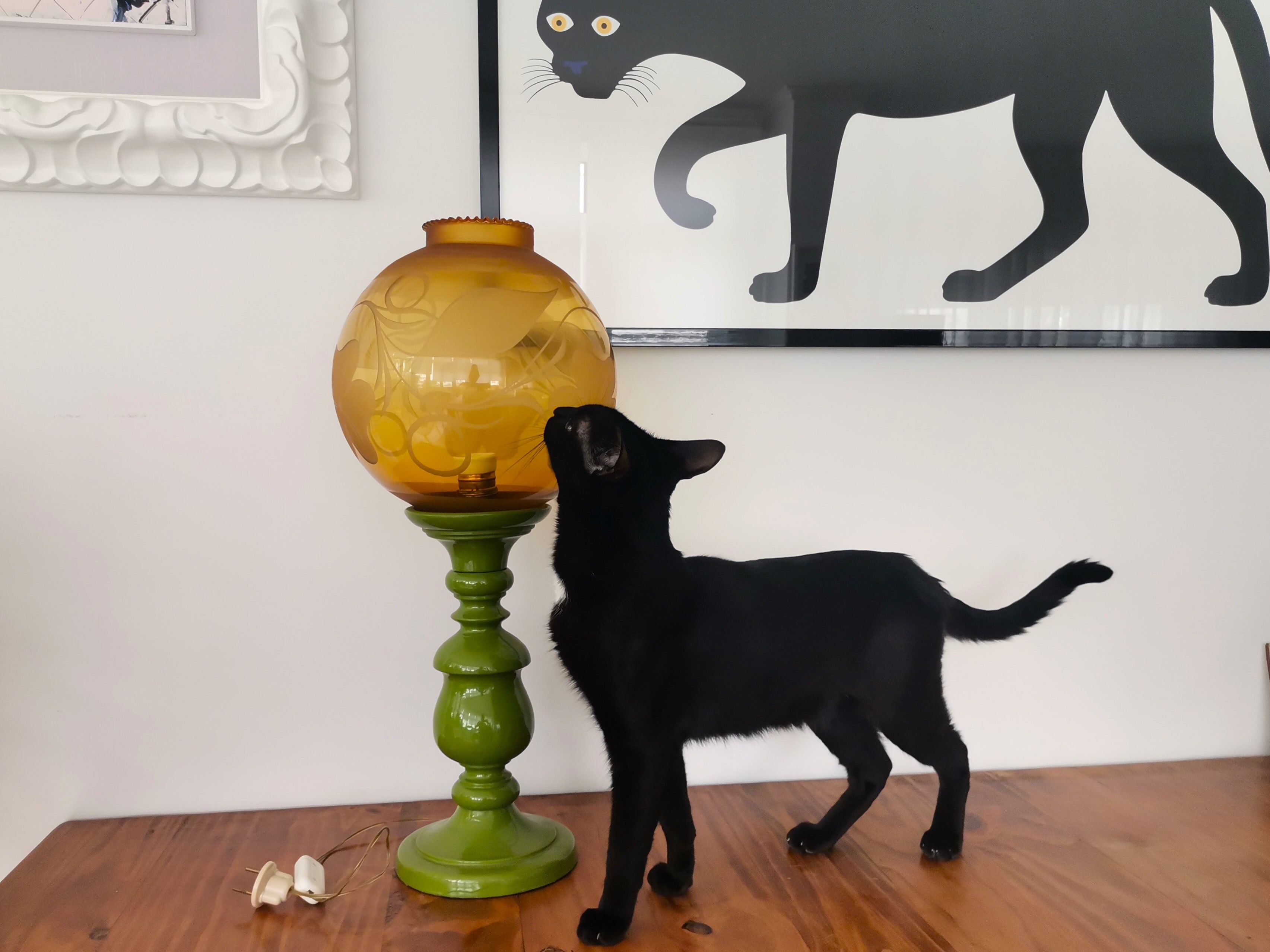 Mid-century italian yellow & green wood and glass table lamp