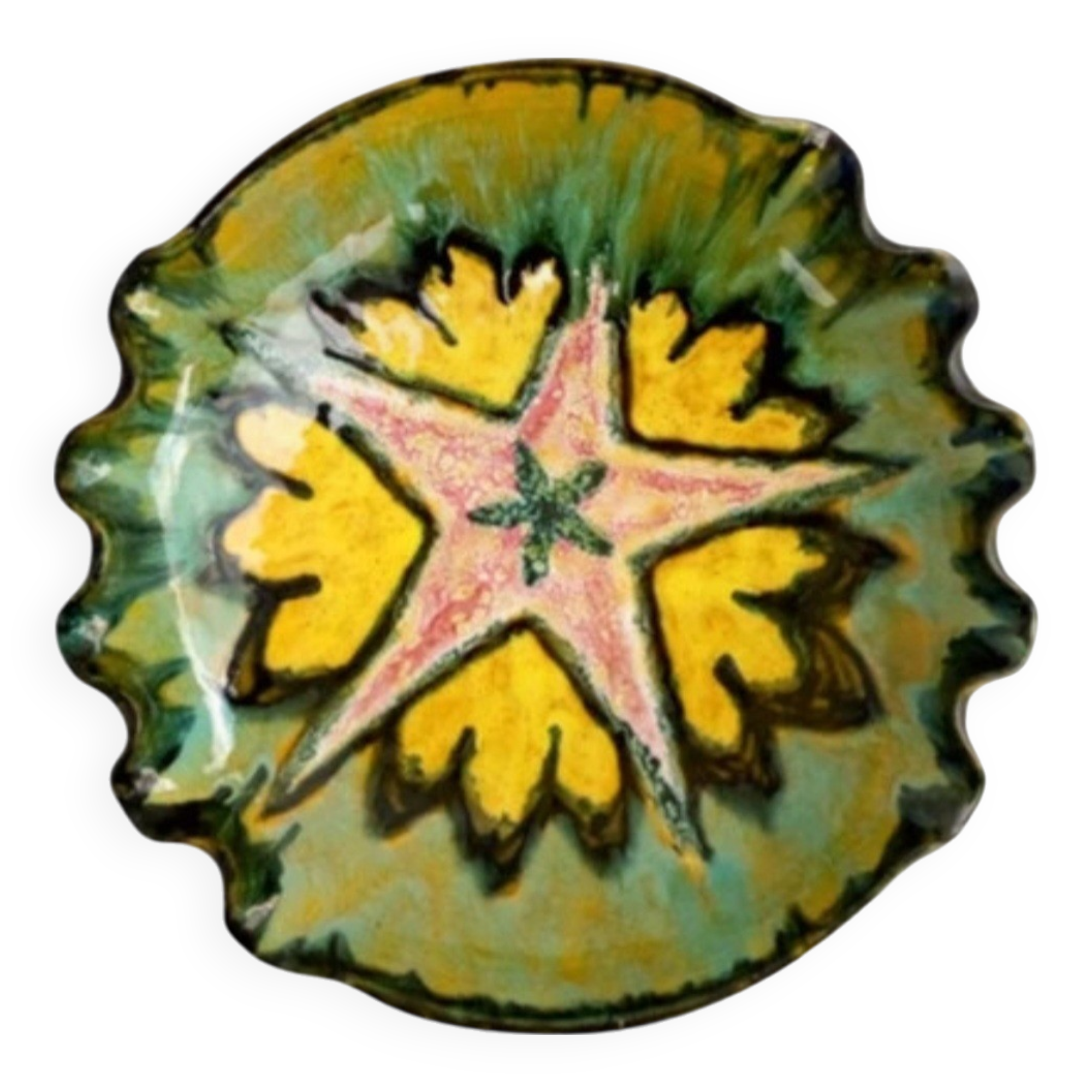 Multicolored earthenware dish signed Yvon Roy