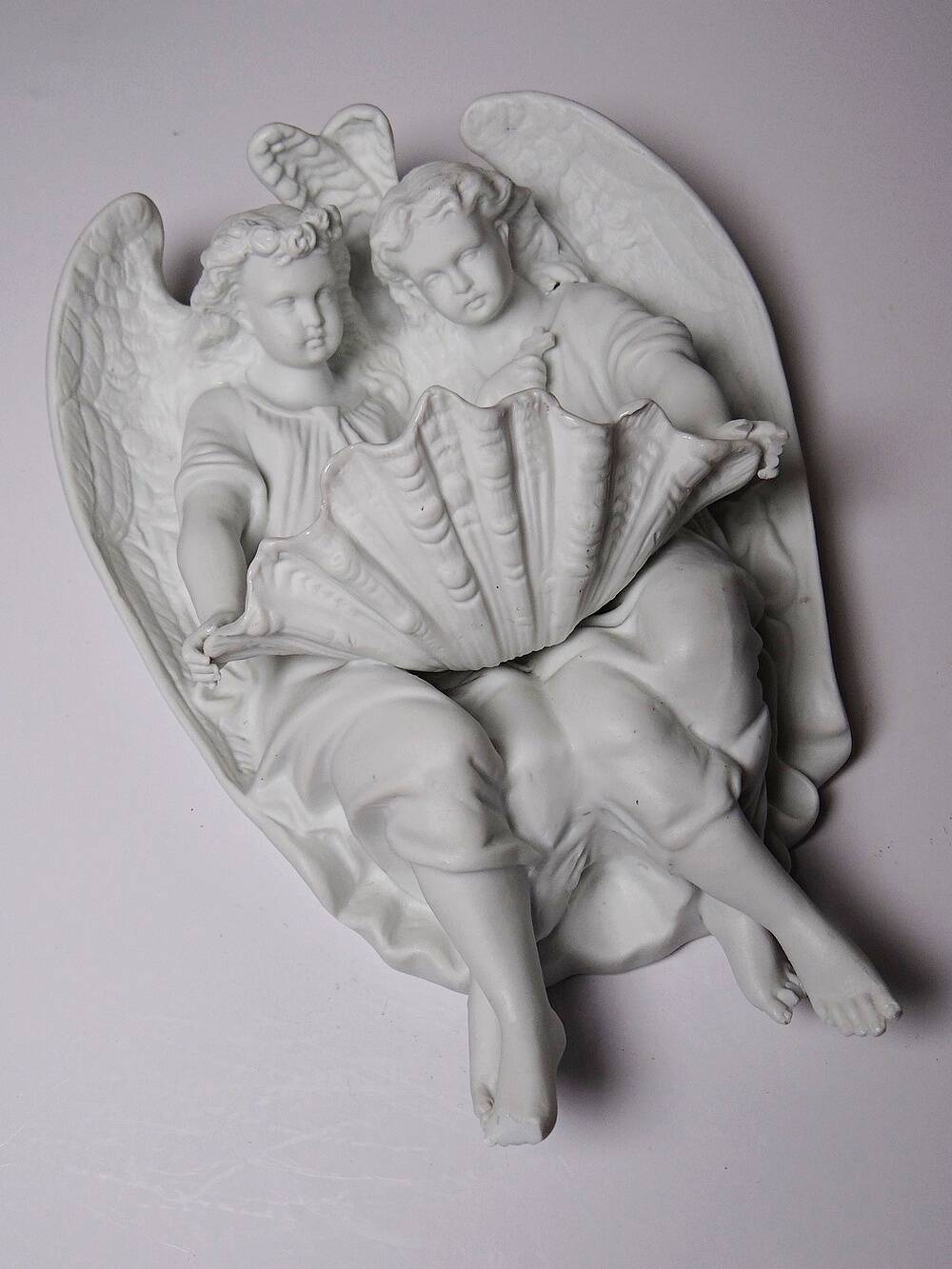 Porcelain biscuit holy water font with 2 angels, antique 1900-1930, Germany.