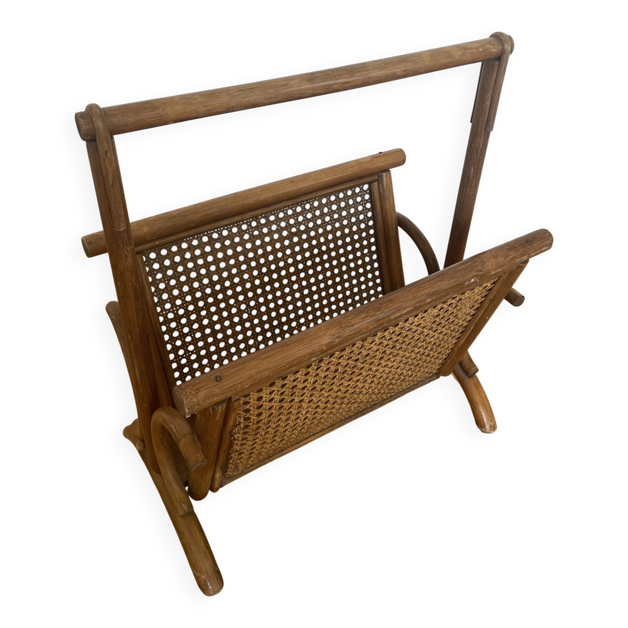 Brown rattan and cane magazine rack