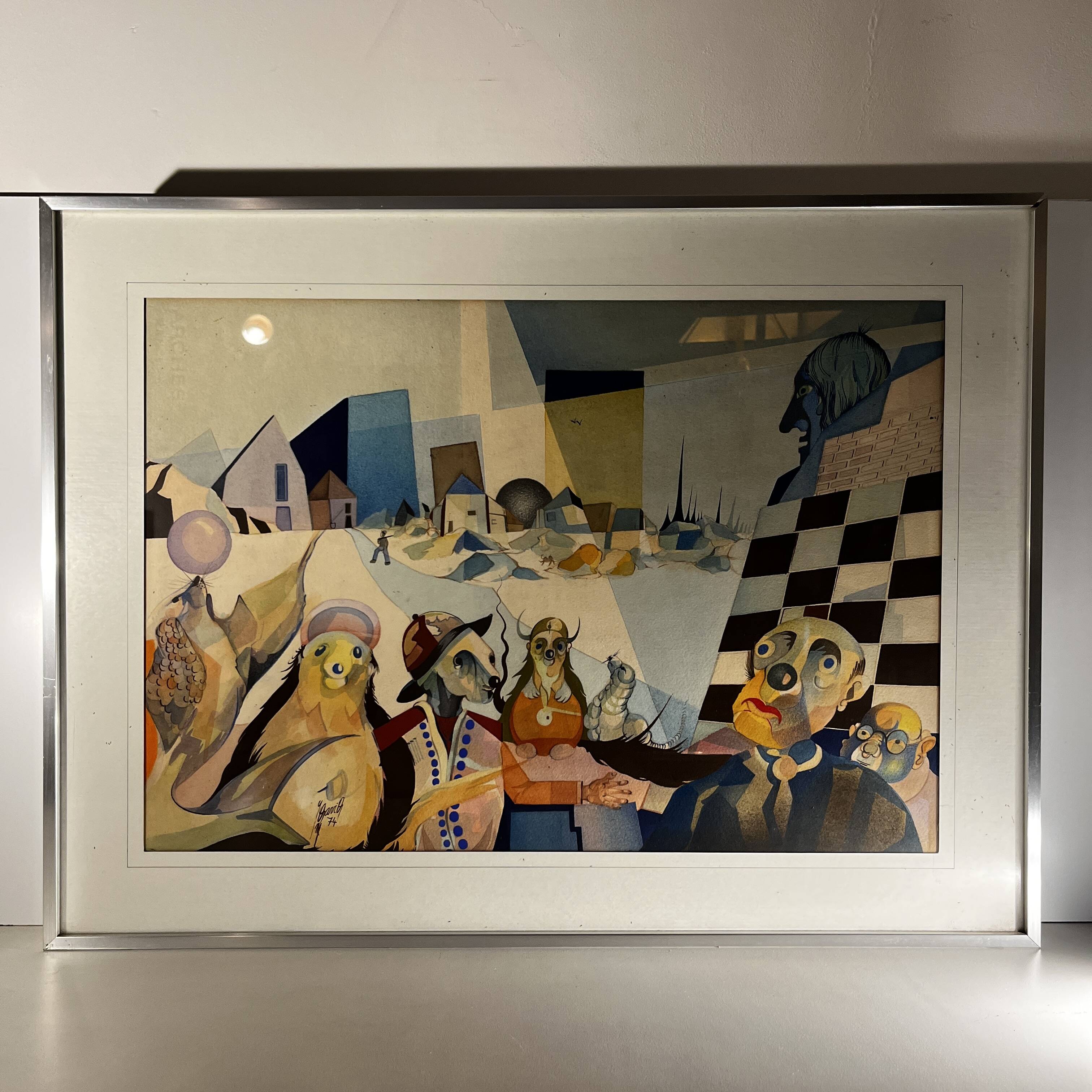 Tableau cubo-surréaliste, technique mixte sur papier