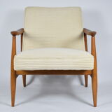 Restored scandinavian armchair "Kedziorek", 1960s, cream Cord, teak