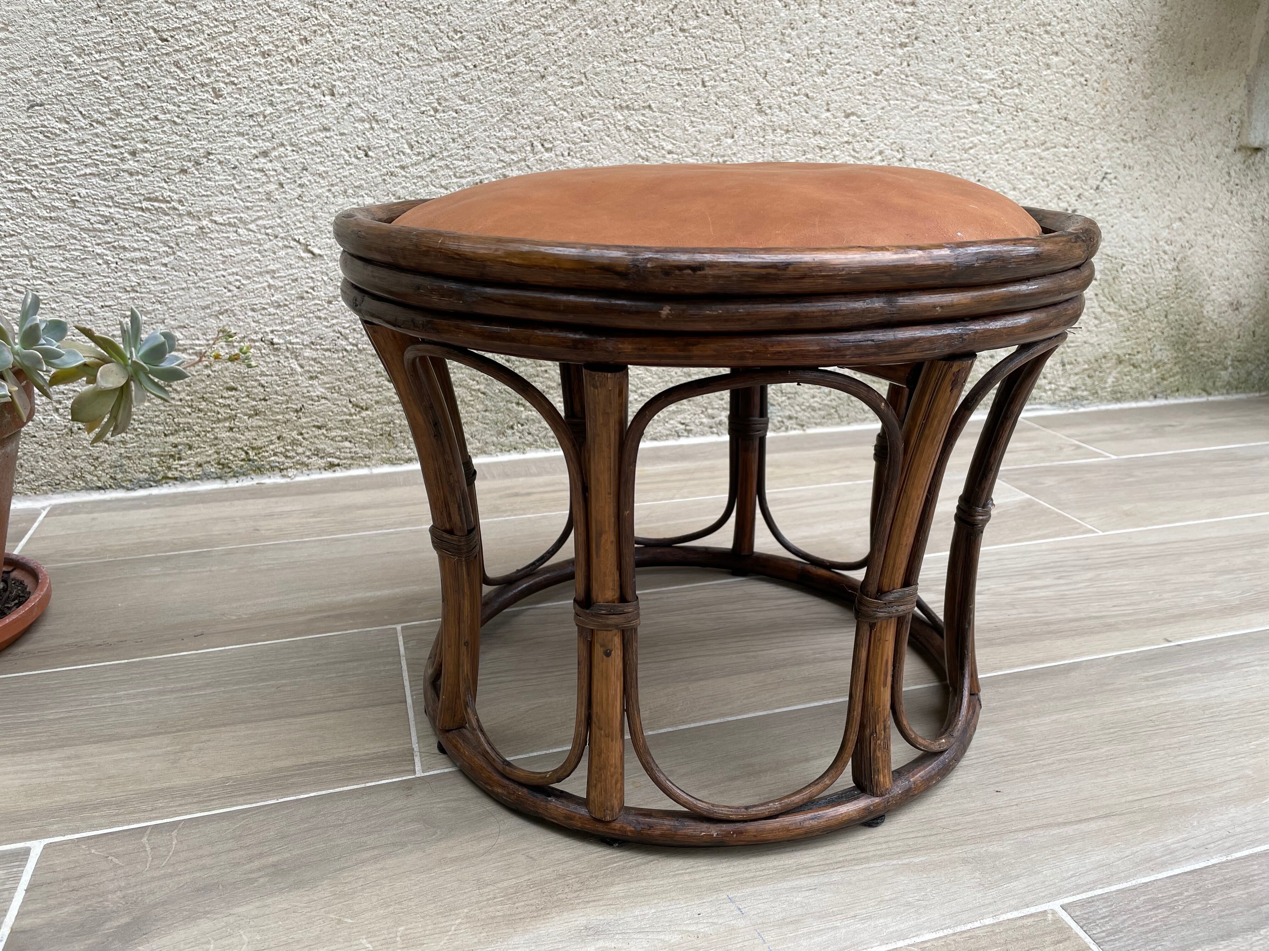 Pouf vintage rotin et cuir
