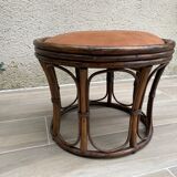 Vintage rattan and leather pouf