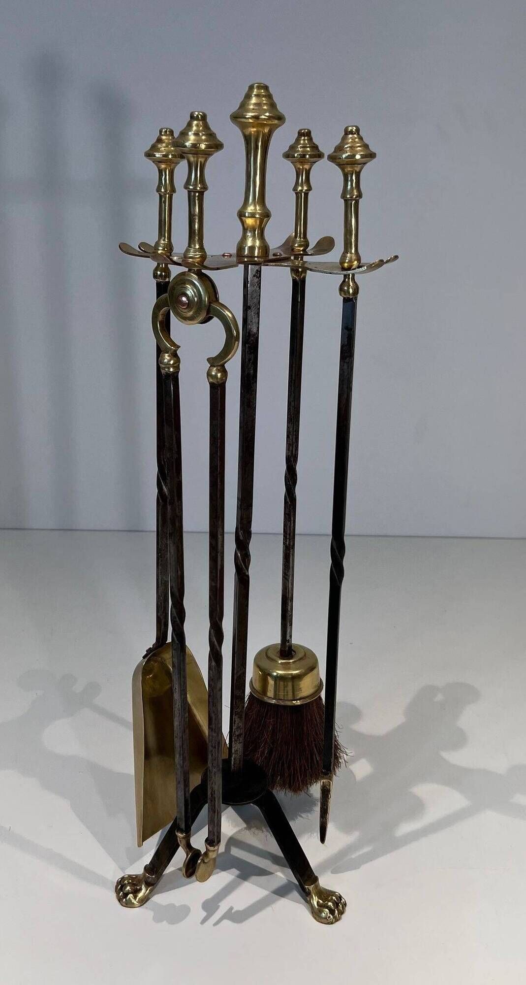 Fire Tool Set in Brass and Brushed Steel with Claw Feet, Attributed to the