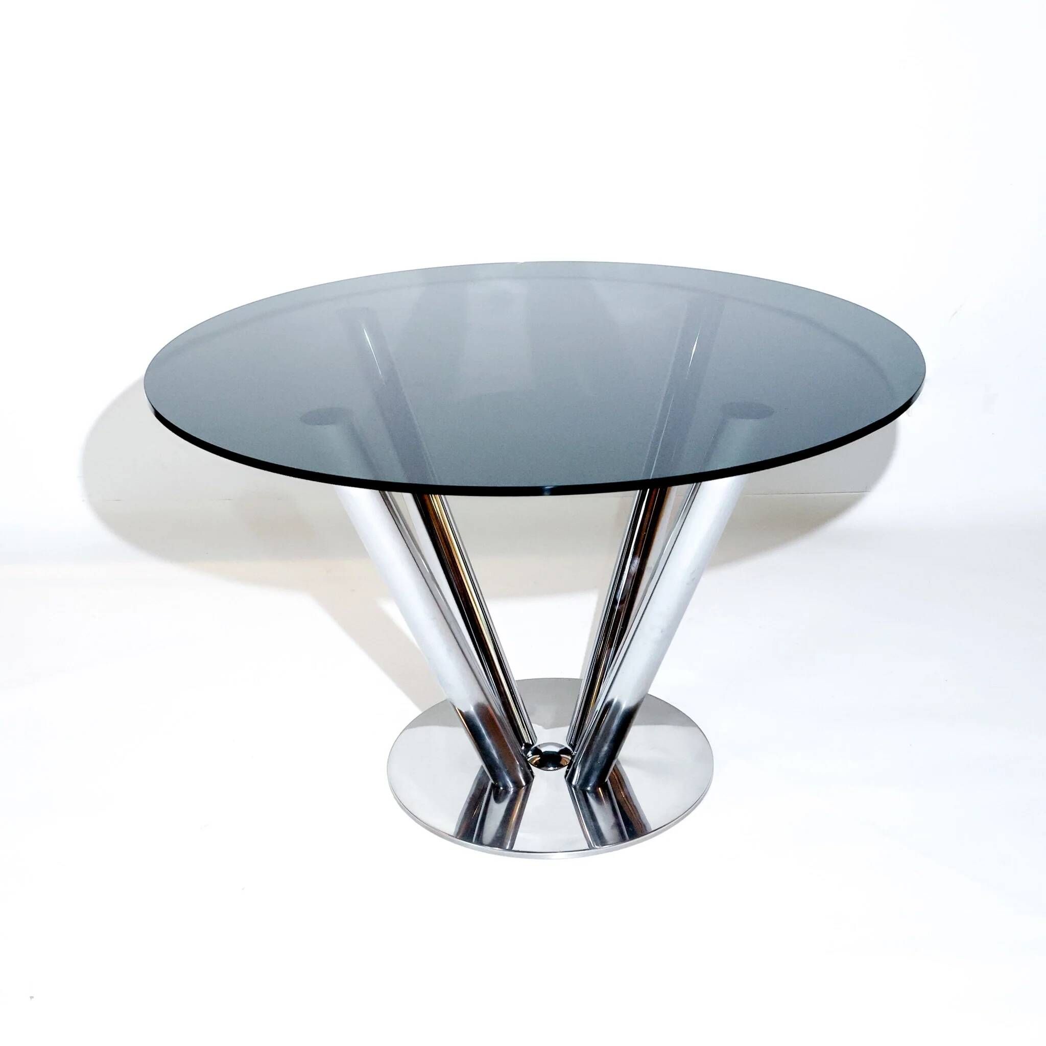 Vintage round dining table by Carlo Bartoli, smoked glass and polished chrome, Italy, 1970s.