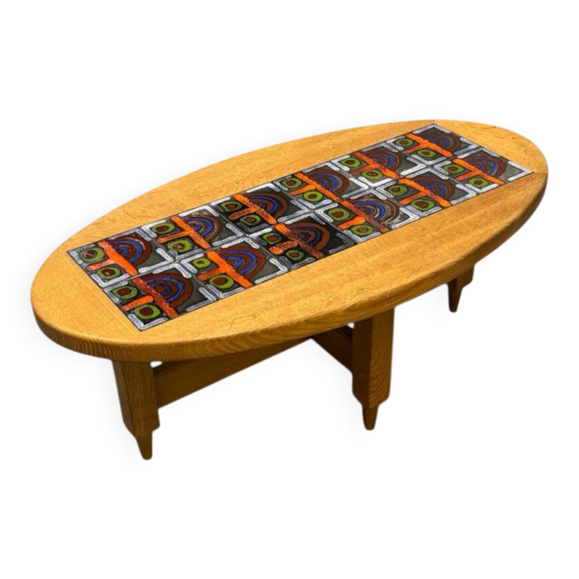 Oval coffee table in oak and ceramic by Guillerme & Chambron for