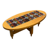 Oval coffee table in oak and ceramic by Guillerme & Chambron for