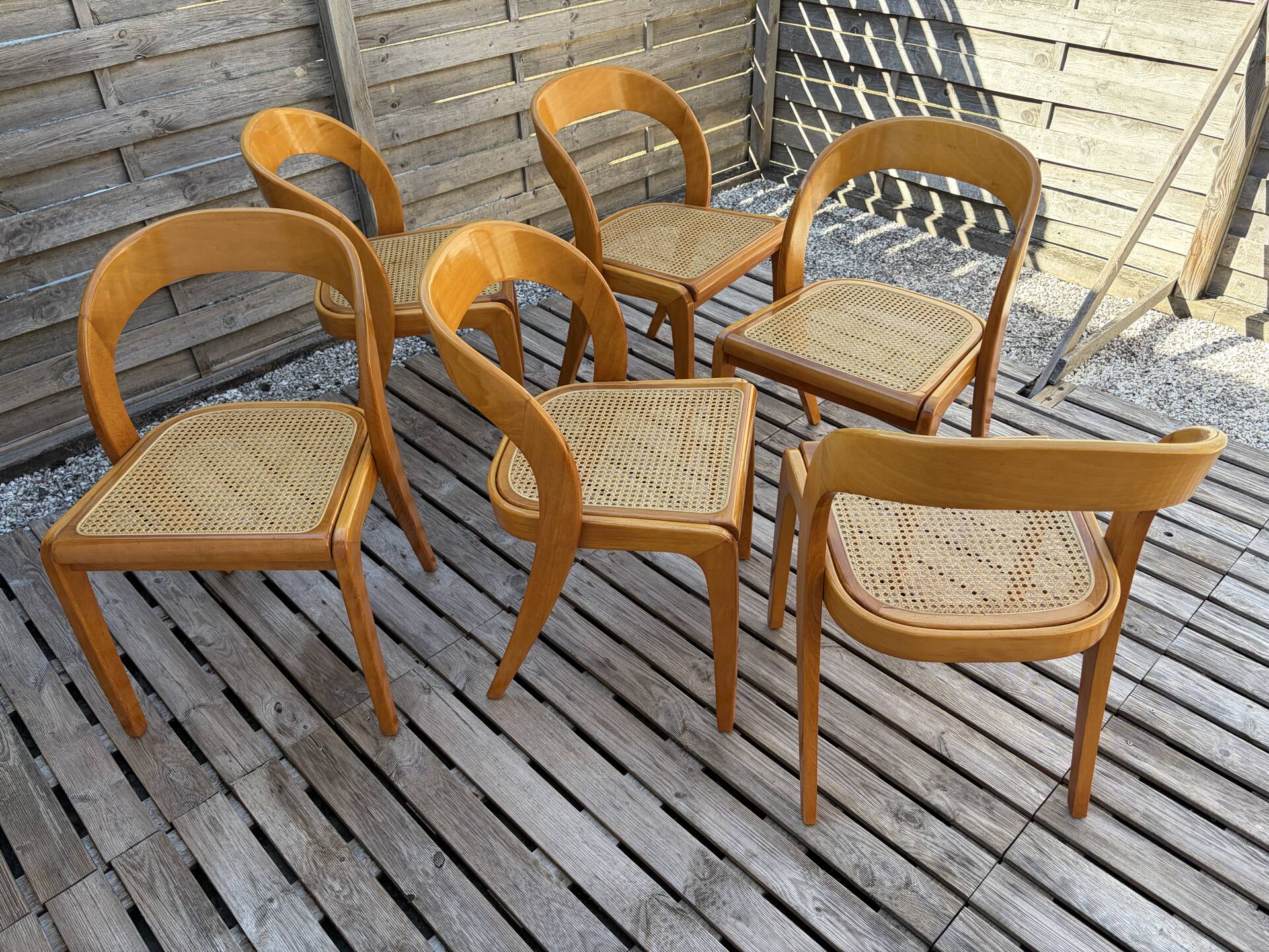 Set of 6 caned chairs by Baumann, gondola model.
