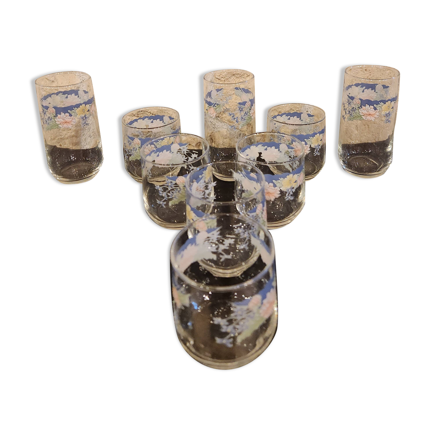 Set of 9 vintage Arcopal Florine glasses – pastel and floral