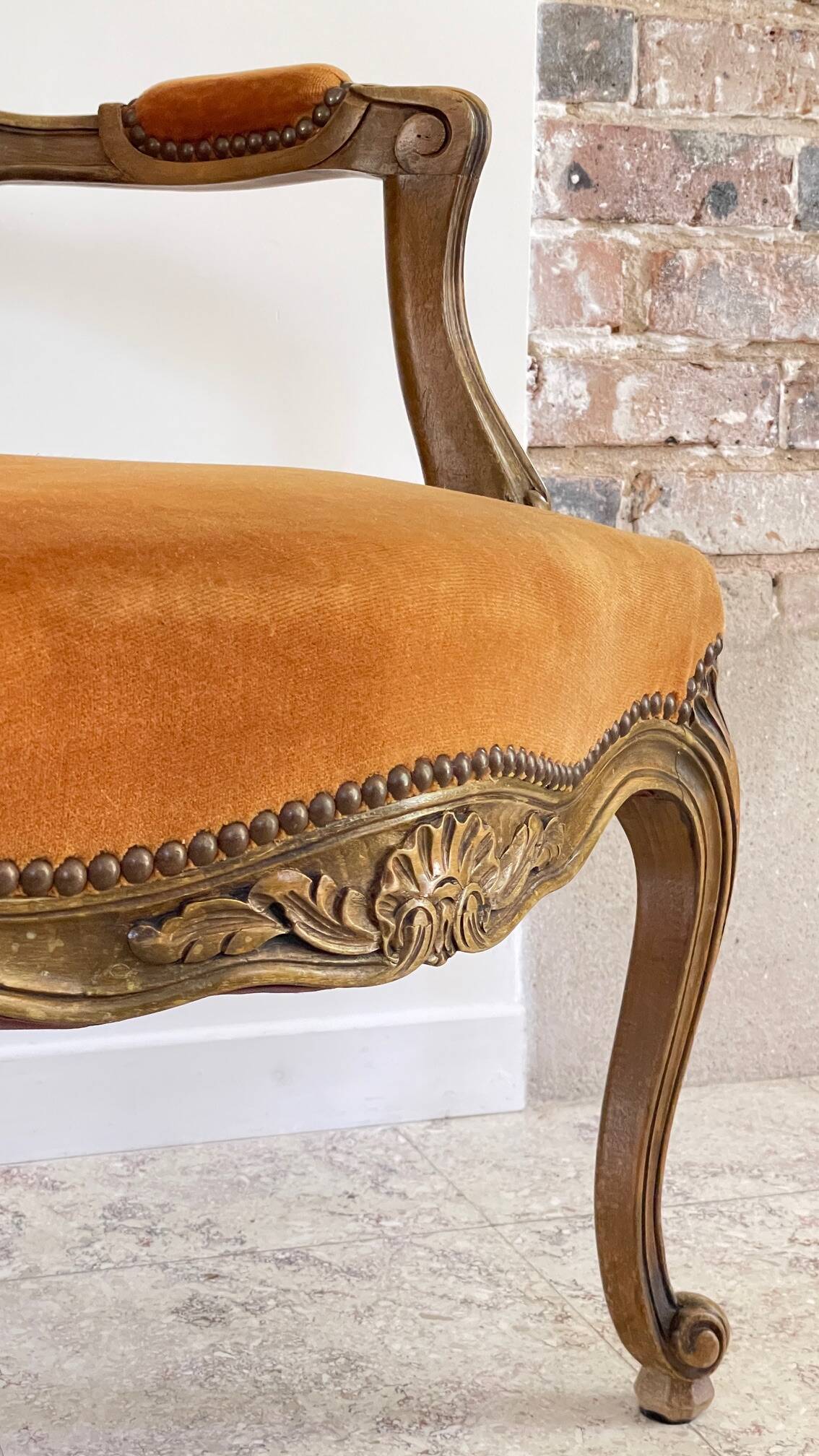 Vintage French Curry Velvet Cabriolet Armchair