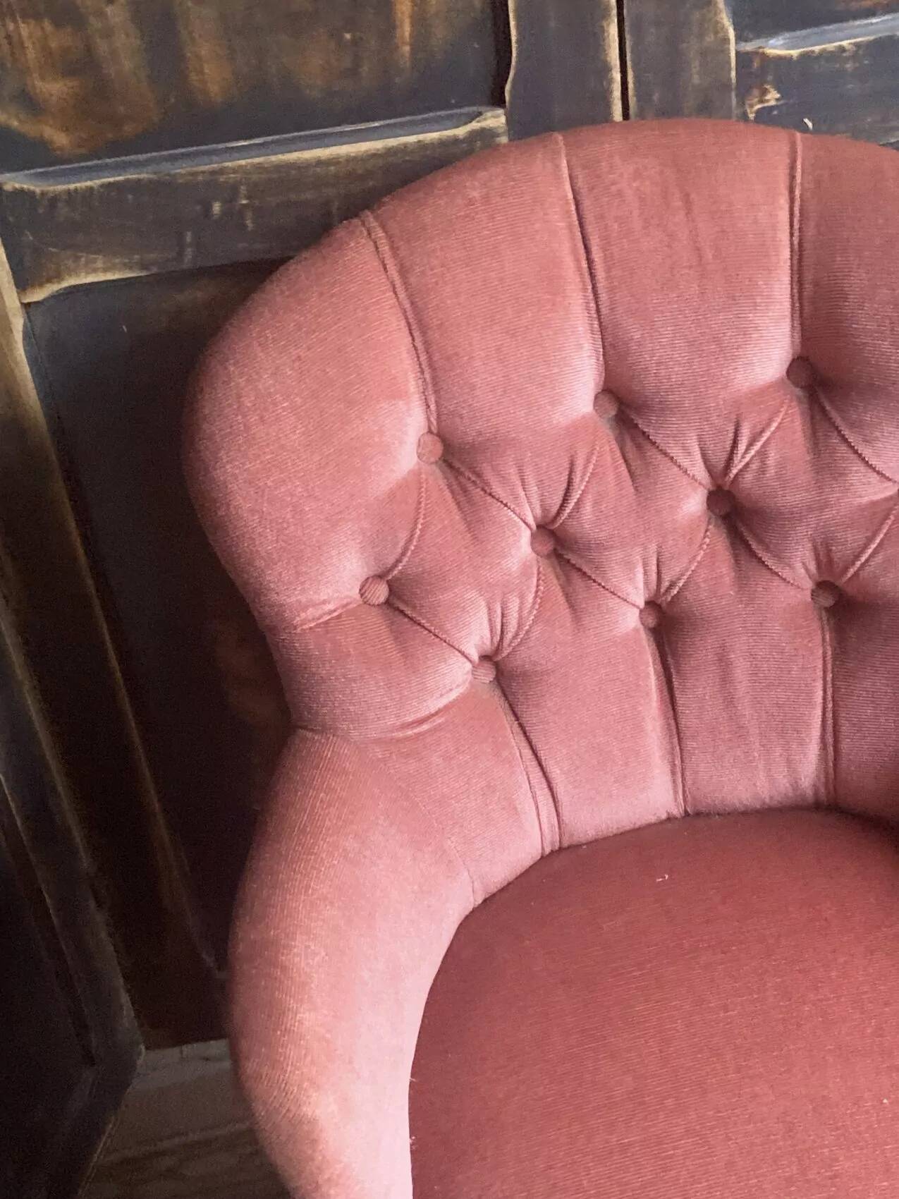 Pair of small vintage upholstered toadstool armchairs in old rose velvet – 1960s