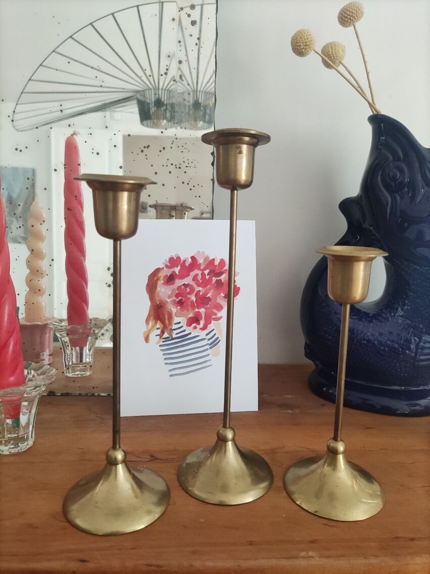 Set of 3 vintage gilded brass candle holders