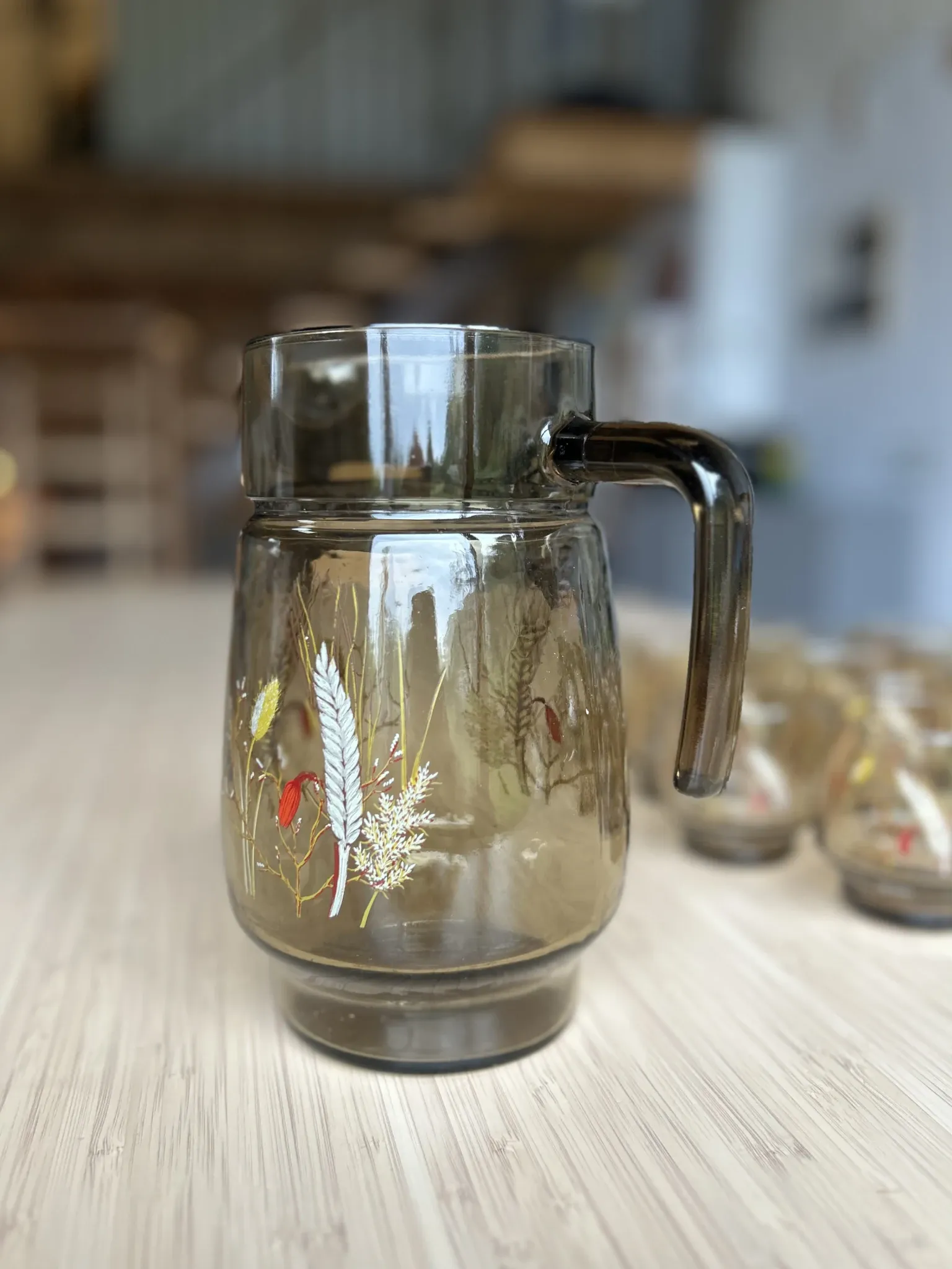 Large vintage orangeade service with smoky glass, country decor from the 70s - 14 pieces.