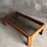 Table basse en bois claire et verre fumé, années 80