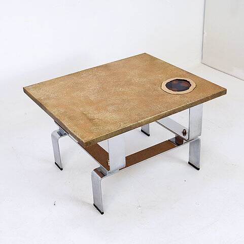 Acid-etched brass coffee table top by Christian Krekels with an agate stone