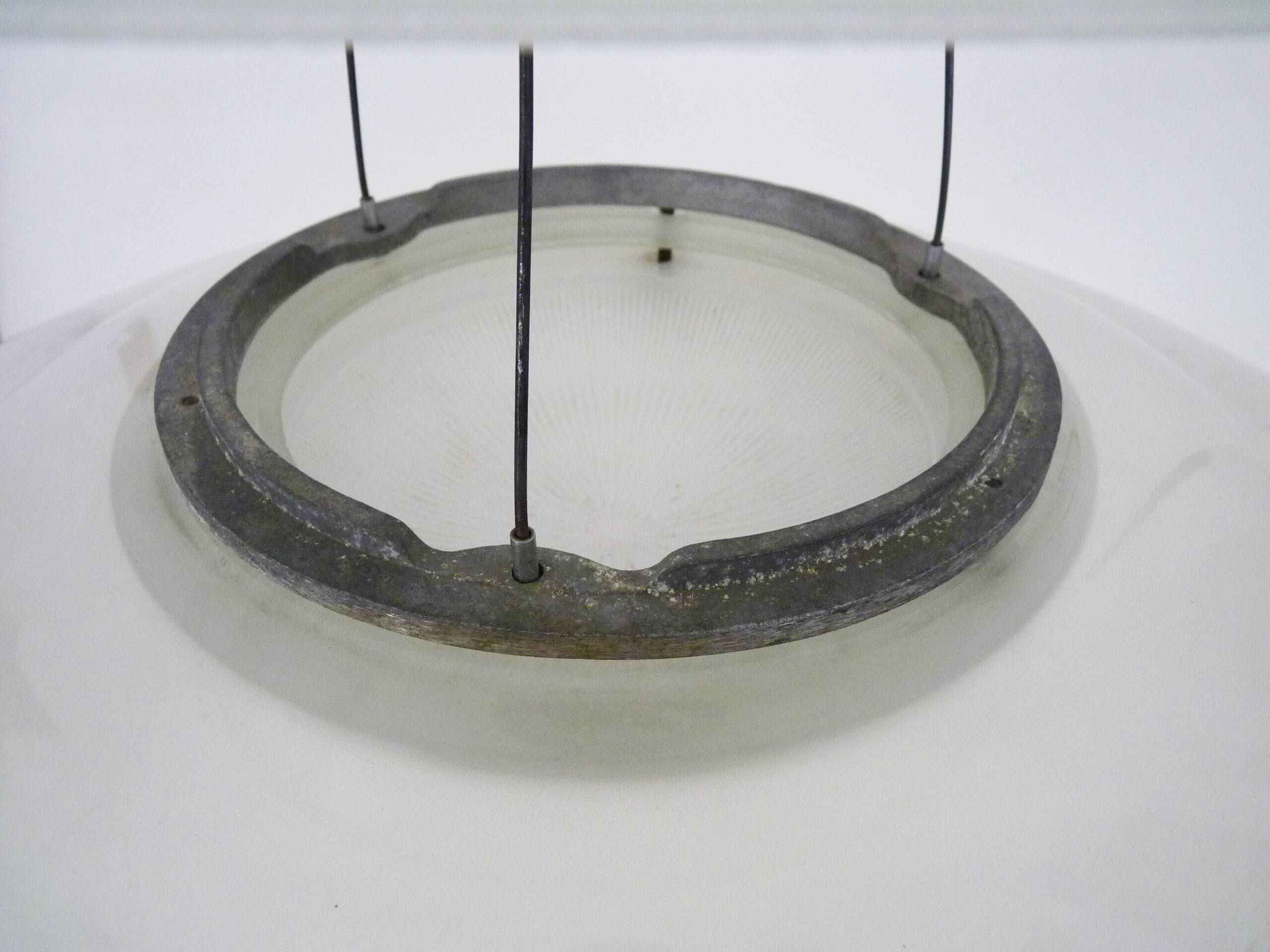 Chandelier, Space Age Flying Saucer Pendant Light, Holophane Style, Industrial Glass. 70s