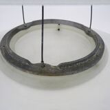 Chandelier, Space Age Flying Saucer Pendant Light, Holophane Style, Industrial Glass. 70s