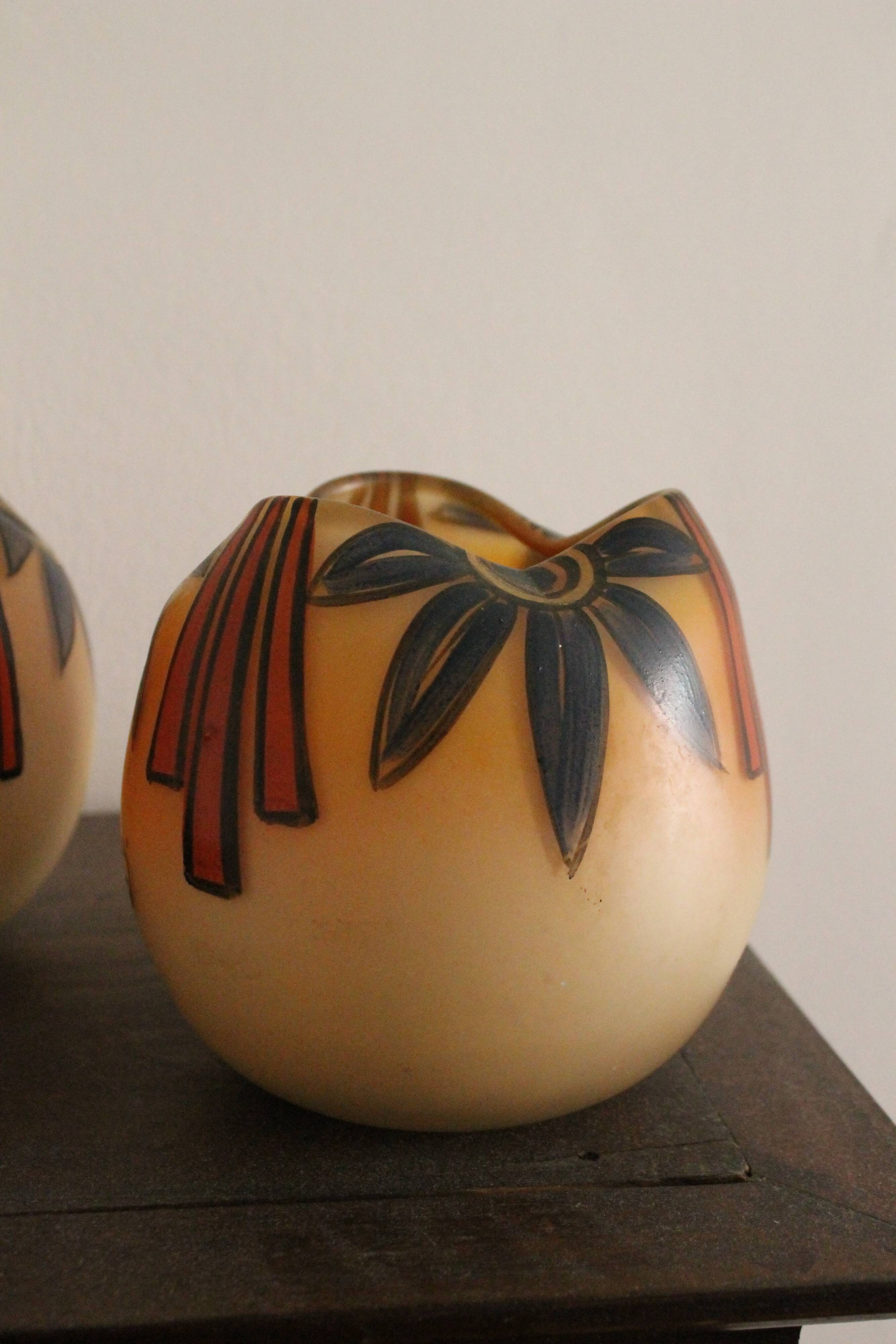 Pair of Legras Art Deco ball vases with orange tree decoration